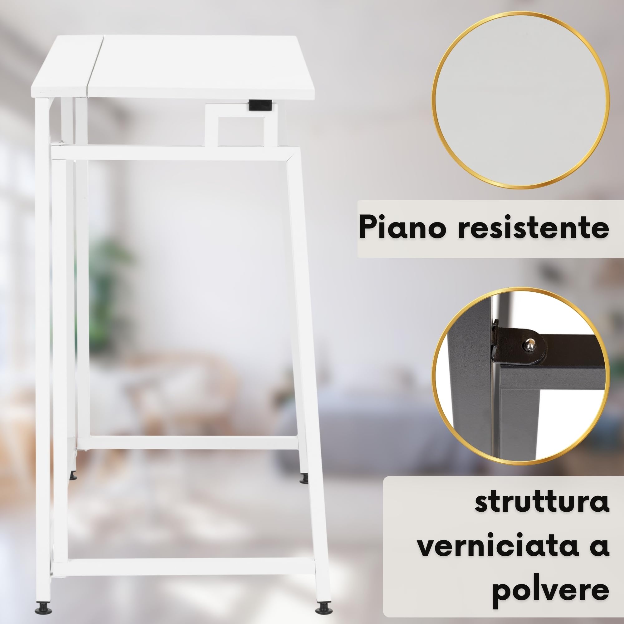 SPRINGOS Scrivania bianca con telaio in metallo e piano in legno, 80 x 40 cm, pieghevole, portata massima 30 kg, piedini regolabili in altezza, facile da montare, moderno tavolo da lavoro