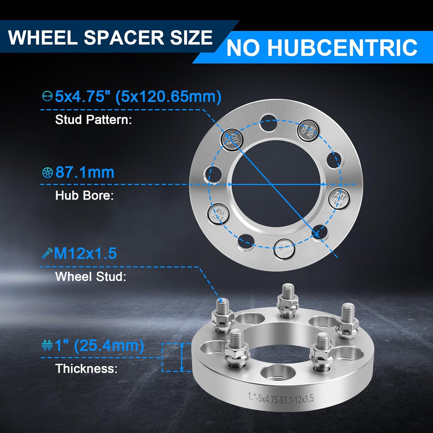 HHCSOP 5x4.75 Wheel Spacers 1 Inch with M12x1.5 Studs, 87.1mm Hub Bore, 1" 5x120 Forged Wheel Adapters for Chevy S10 Pickup S10 Blazer Camaro Corvette Pontiac Firebird GMC Jimmy S15 Cadillac Eldorado