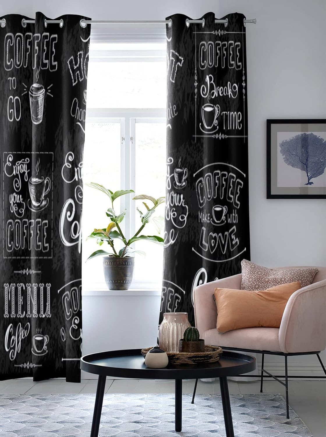 Coffee Text Doodle Black Blackout Curtains, Retro Creative 3D Printed Drapes, 2 Panels Curtain, Top Grommet Darkening Thermal Insulated Window Curtain for Bedroom Kitchen(54" Wx39 L)