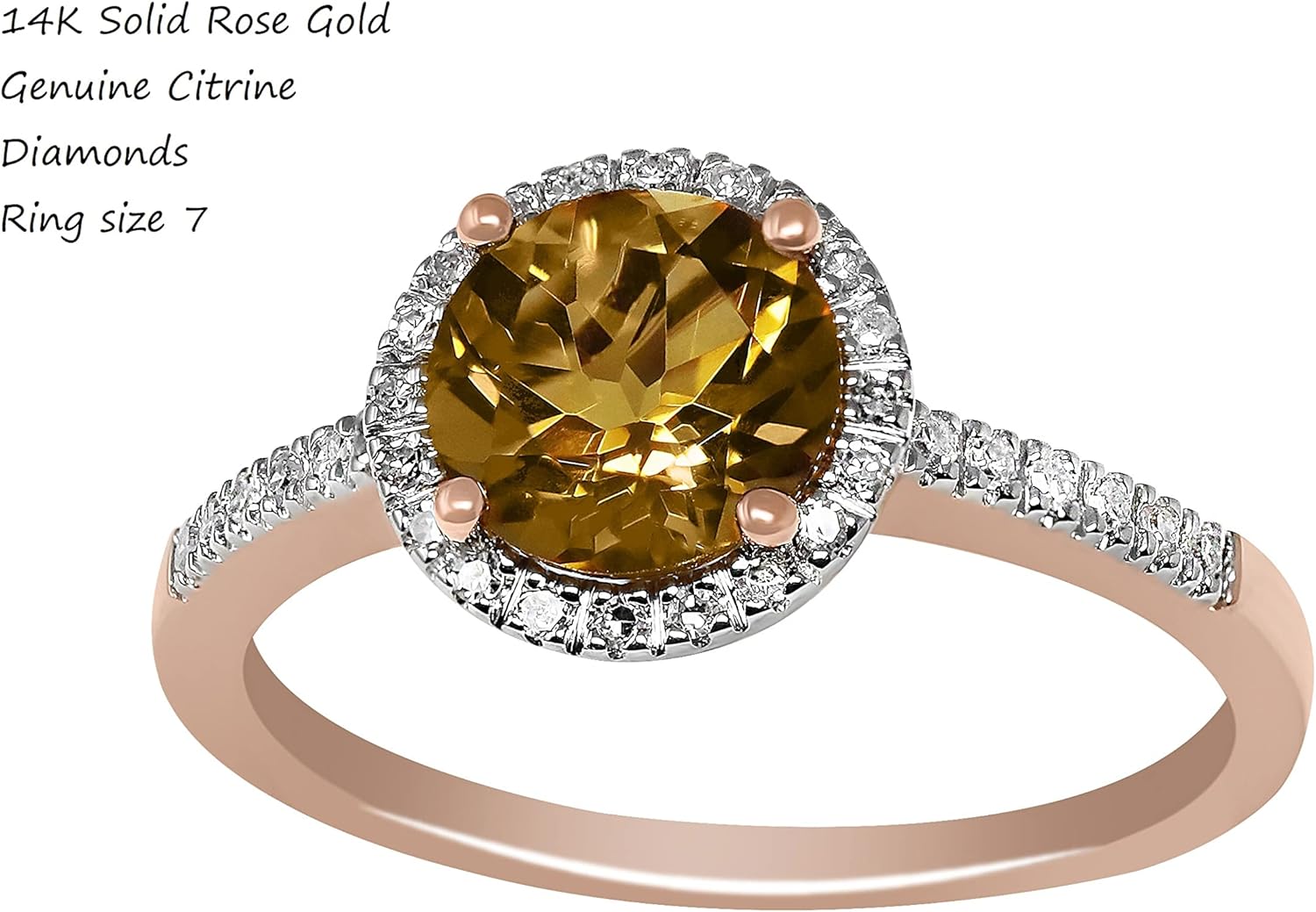 14K Rose Gold Genuine Citrine 7mm Round, Diamond Halo Ring. Size 7 - Image 2