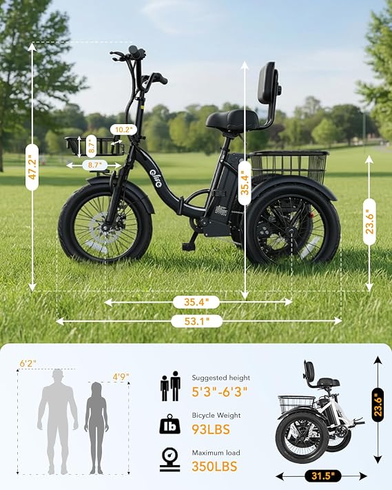 Qlife Triker Electric Bike, Peak 1200W Brushless Motor Folding Trike Ebike, 499Wh Removable Battery, 3 Wheel Electric Bicycle, Up to 55 Miles, 18 Tire Tricycle for Adults