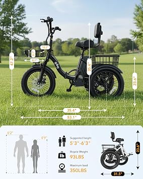 Qlife Triker Electric Bike, Peak 1200W Brushless Motor Folding Trike Ebike, 499Wh Removable Battery, 3 Wheel Electric Bicycle, Up to 55 Miles, 18 Tire Tricycle for Adults