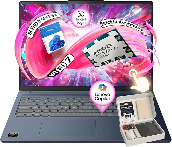 Lenovo IdeaPad Copilot+ Business Laptop - 16" FHD+ Touchscreen - AMD Ryzen AI 7 350-50 Tops NPU - Facial Login - Privacy IR Cam - Backlit KB - Win 11 Pro - w/Accessory (64GB DDR5 | 2TB SSD)
