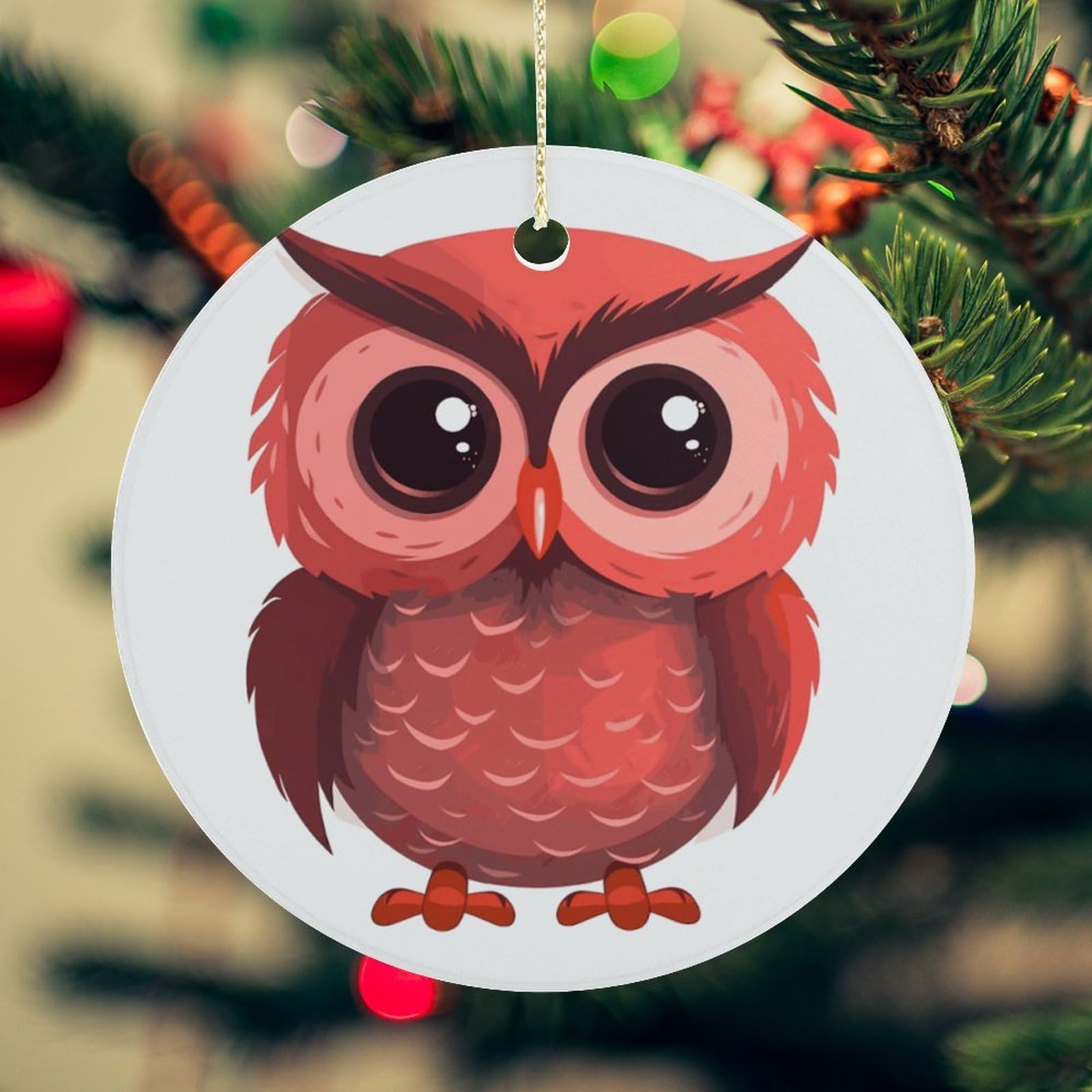 Cute Red Owl Christmas Ornament for Christmas Tree Ceramic Round Ornament Winter Holiday Keepsake Gift 2.7" Christmas Tree Hanging Decorations Circle Ceramic Pendant Xmas Gift