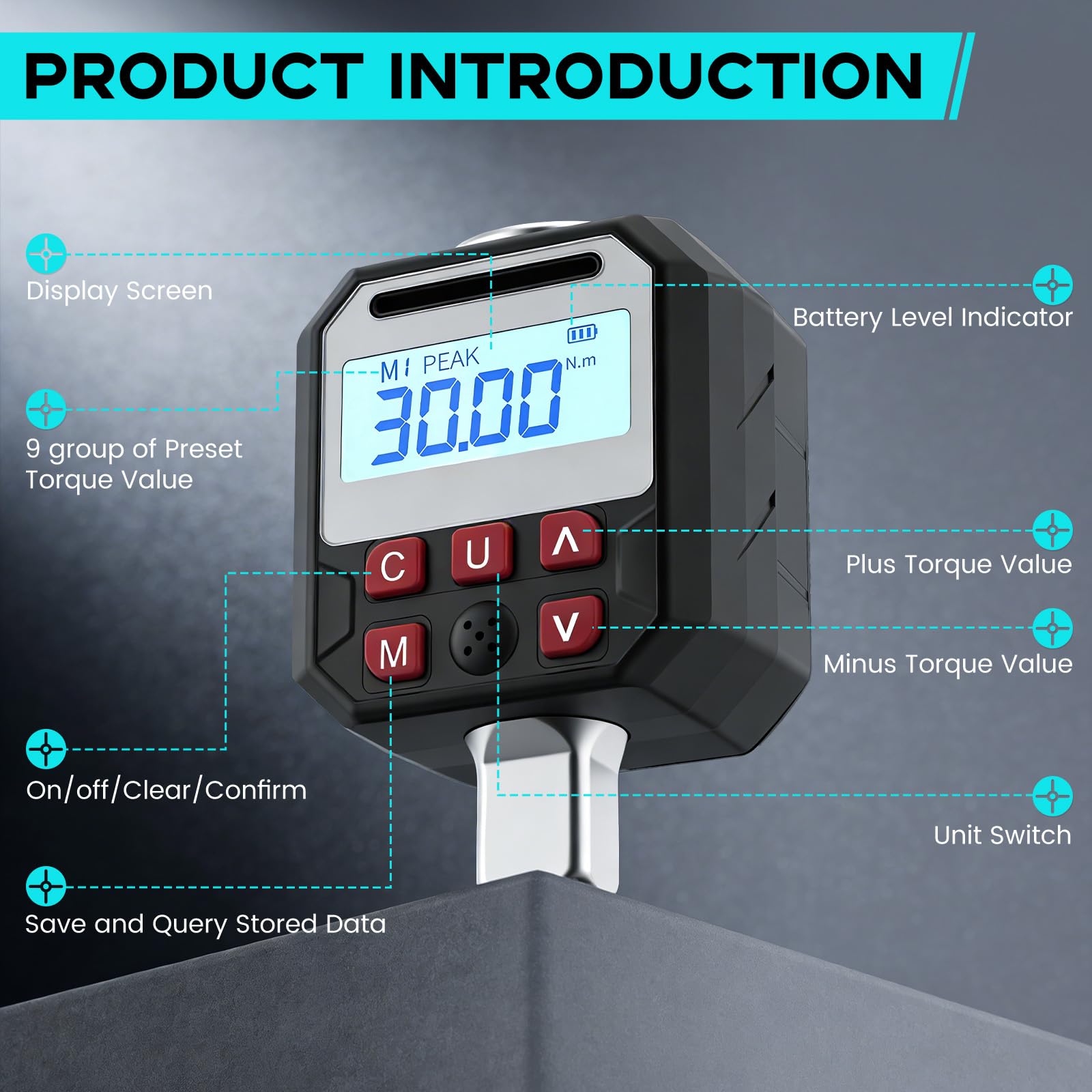 Adattatore Chiave Dinamometrica Digitale 1/2", 5-340 Nm – con attacchi 3/8" e 1/4", display LCD, LED e allarme acustico, Modalità Peak/Trace, 9 Memorie, – per Auto, Moto e Bici