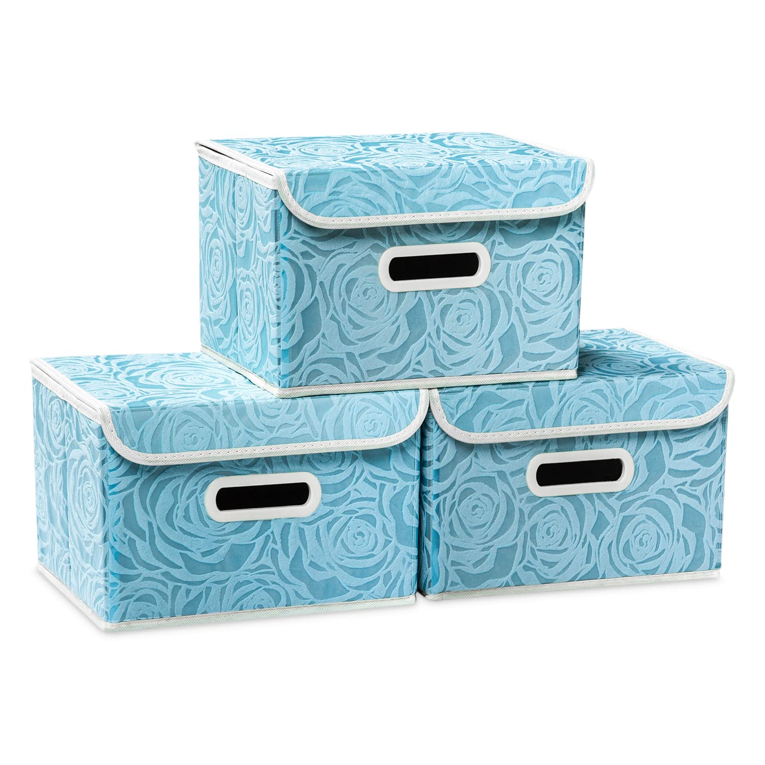 PRANDOM Collapsible Storage Boxes with Lids Fabric Decorative Storage Bins Cubes Organizer Containers Baskets with Cover Handles Divider for Bedroom Closet Living Room 9.8x7.9x6.7 Inch 3 Pack