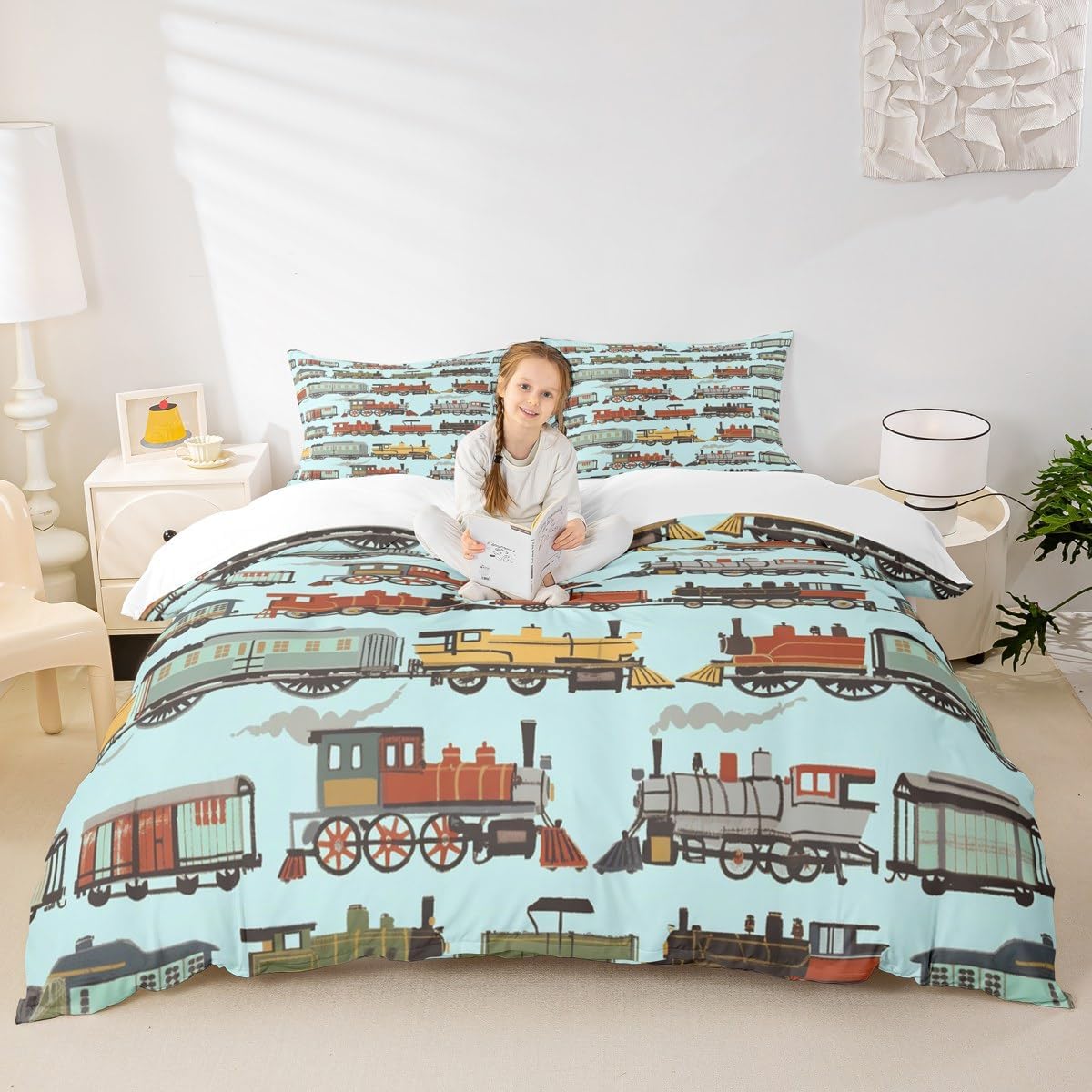 Manfei Cartoon Train Duvet Cover Set Queen Size,Retro Steam Engine Train Bedding Set,Boys Girls Room Decor,Railroad Track Transport Comforter Cover,Teal Boho Quilt Cover,2 Pillowcases(No Comforter)