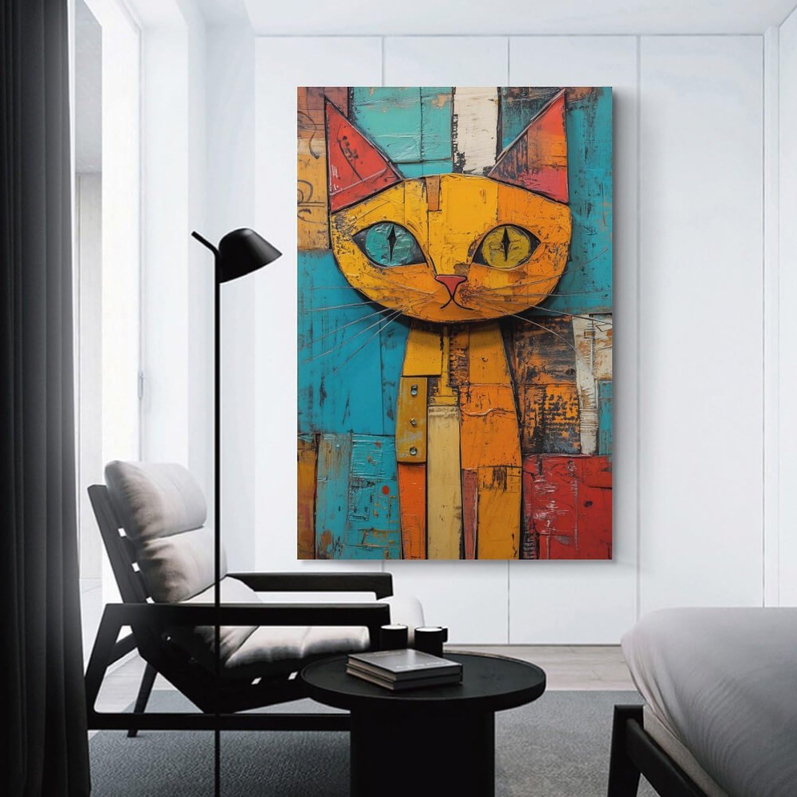 Junmoney Cat Wood Art Wall Art Print, 20x30inch(50x75cm), for Study, Office Or Focused Interiors, Home Office Artwork with Decorative Appeal