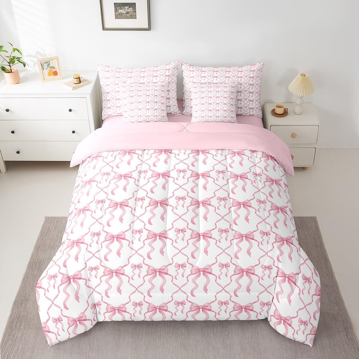 Erosebridal Pink Bow Twin Comforter Set 7 Piece for Kids Teen Women,Cute Ribbon Bowknot Bedding Sets for Girls Kawaii Watercolor Bow Bed in A Bag,Pink White Princess Bowknot Sheet Set with Comforter - Image 2
