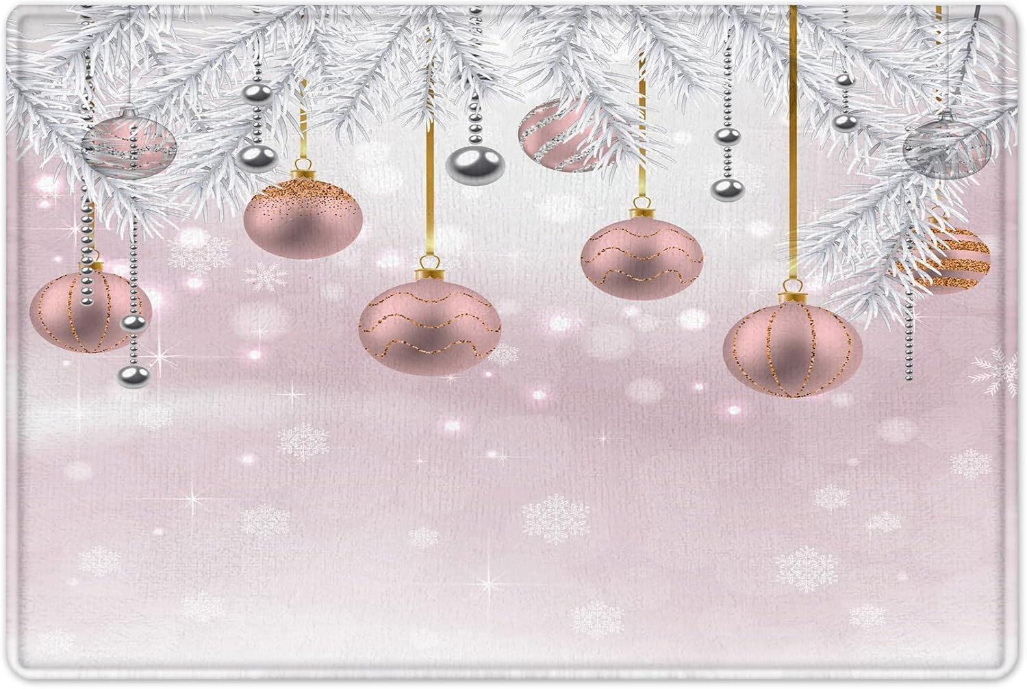 Christmas Shower Curtain with Bath Mat,Pink and Silver Christmas Balls Shower Curtain Set Fir Branch with Snow Winter Shower Curtain and Bathroom Rugs, 70L X 70W inches