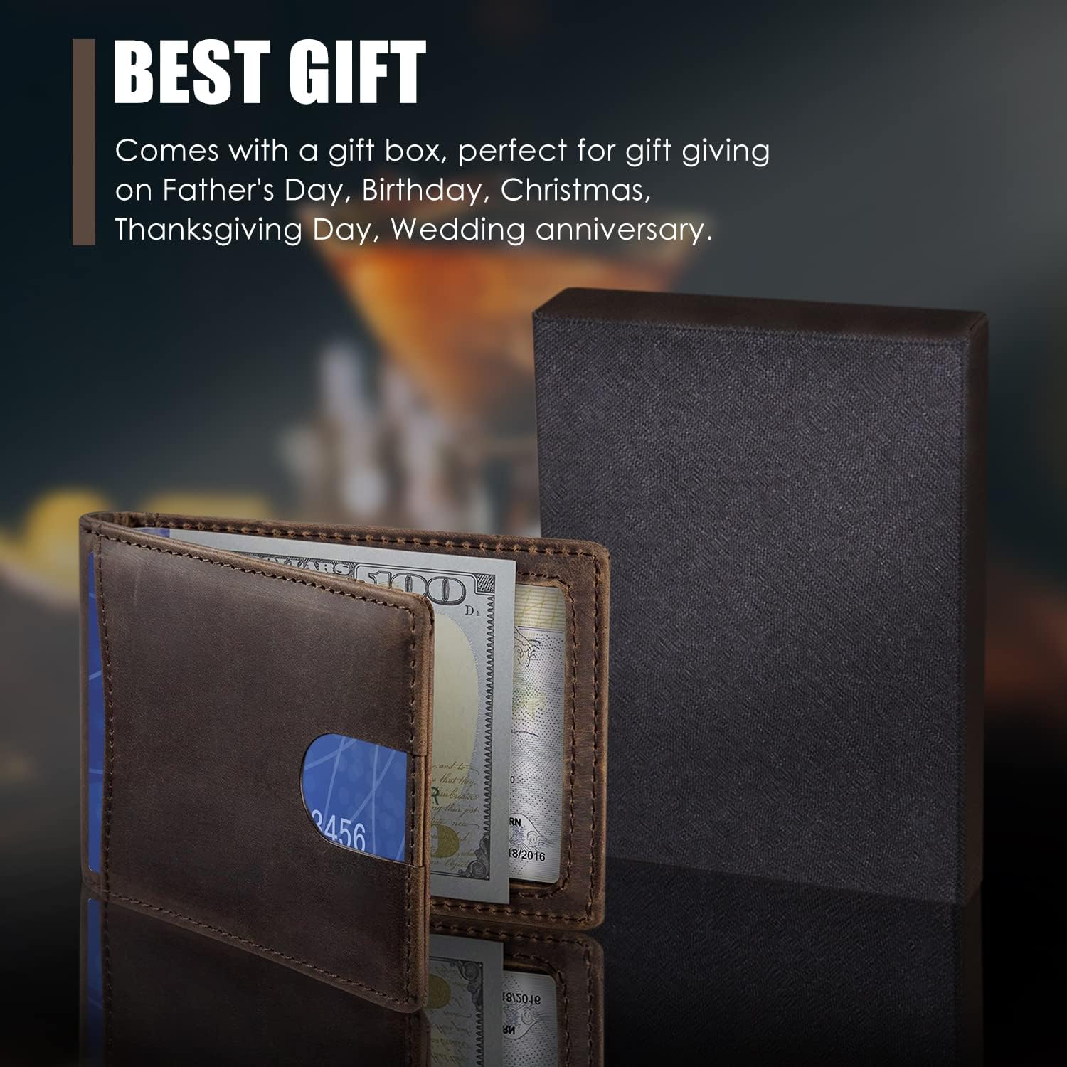 HRS Slim Wallets for Men, Genuine Leather Bifold Men's Wallet RFID Blocking Minimalist Front Pocket with Money Clip - Image 5