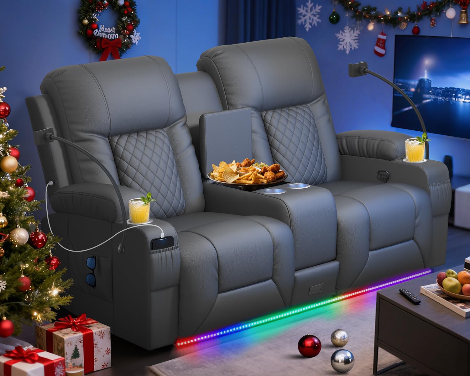 Loveseat Recliner Sofa, Home Theater Seating with Center Console, Reclining Loveseat RV Couch with USB Ports &amp; Phone Holders, Wall Hugger RV Sofa Furniture with Storage &amp; Pocket