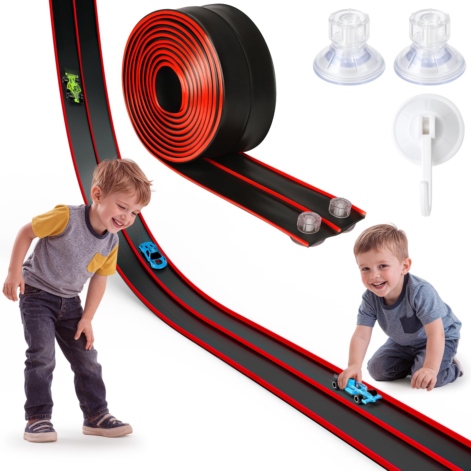 View 1 of **similar item** Flex Track 15 Ft Portable Flexible Race Car Track with Strong Suction Cups – Compatible with 1/64 Diecast Cars–Easy Storage, Indoor & Outdoor Play Flexible Car Tracks for Kids?Blue?