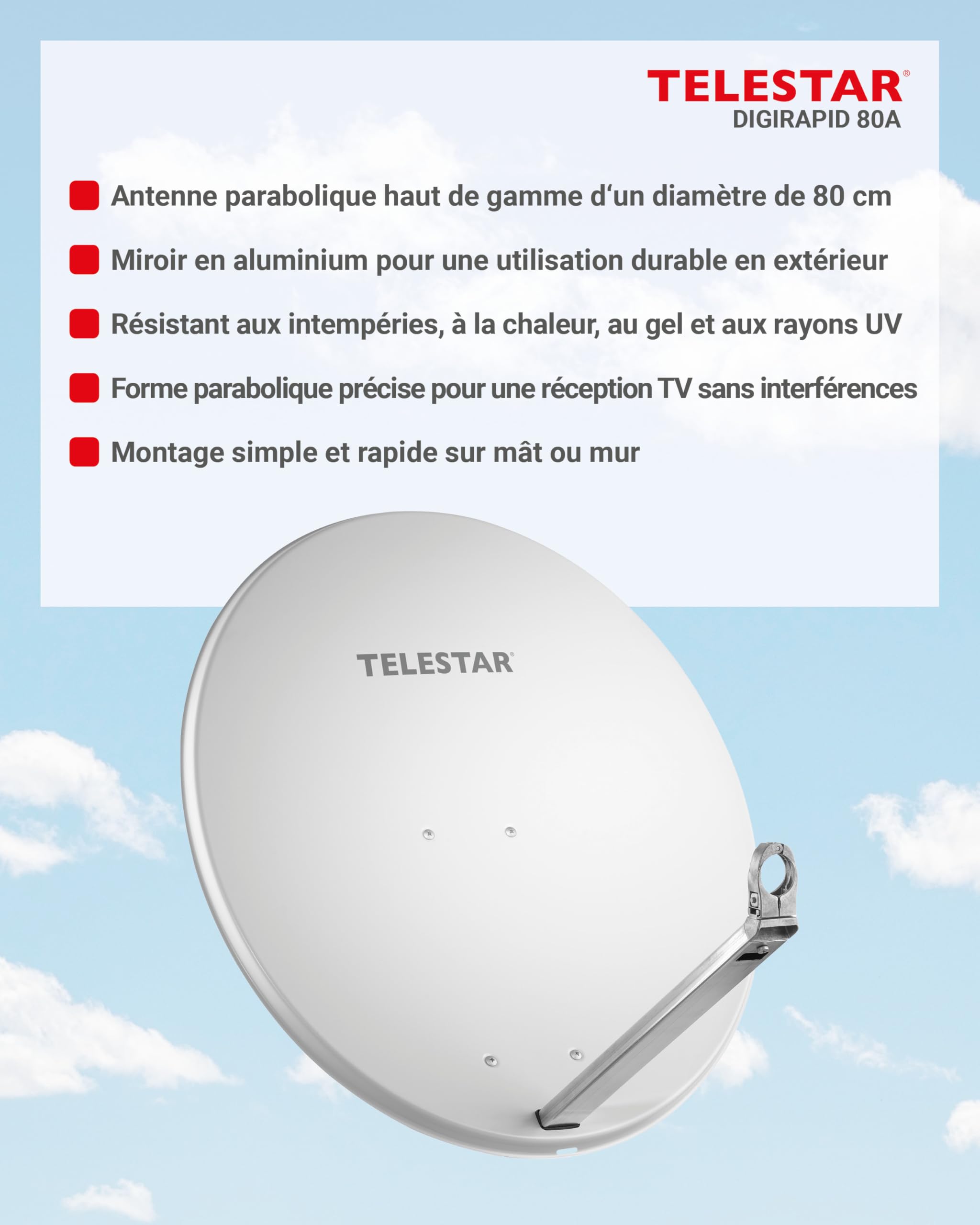 TELESTAR DIGIRAPID 80 A V2 – Antenne parabolique 80 cm, alu – Gris Clair