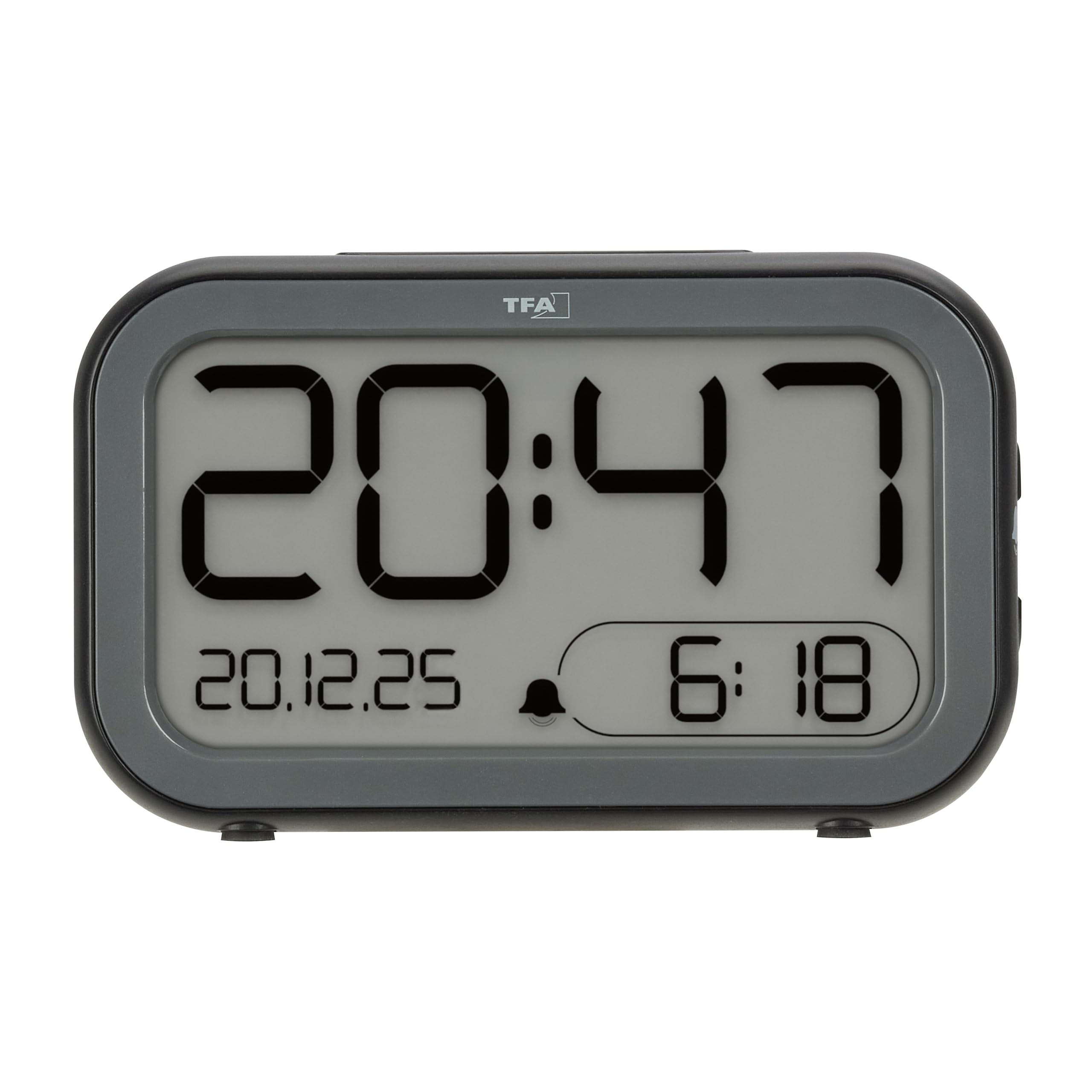 TFA Dostmann Sveglia da comodino digitale BINGO HYBRID con display LCD/LED, 60.2048, sveglia con display ibrido, batteria integrata e cavo USB-C, cambio automatico, data, snooze, nero