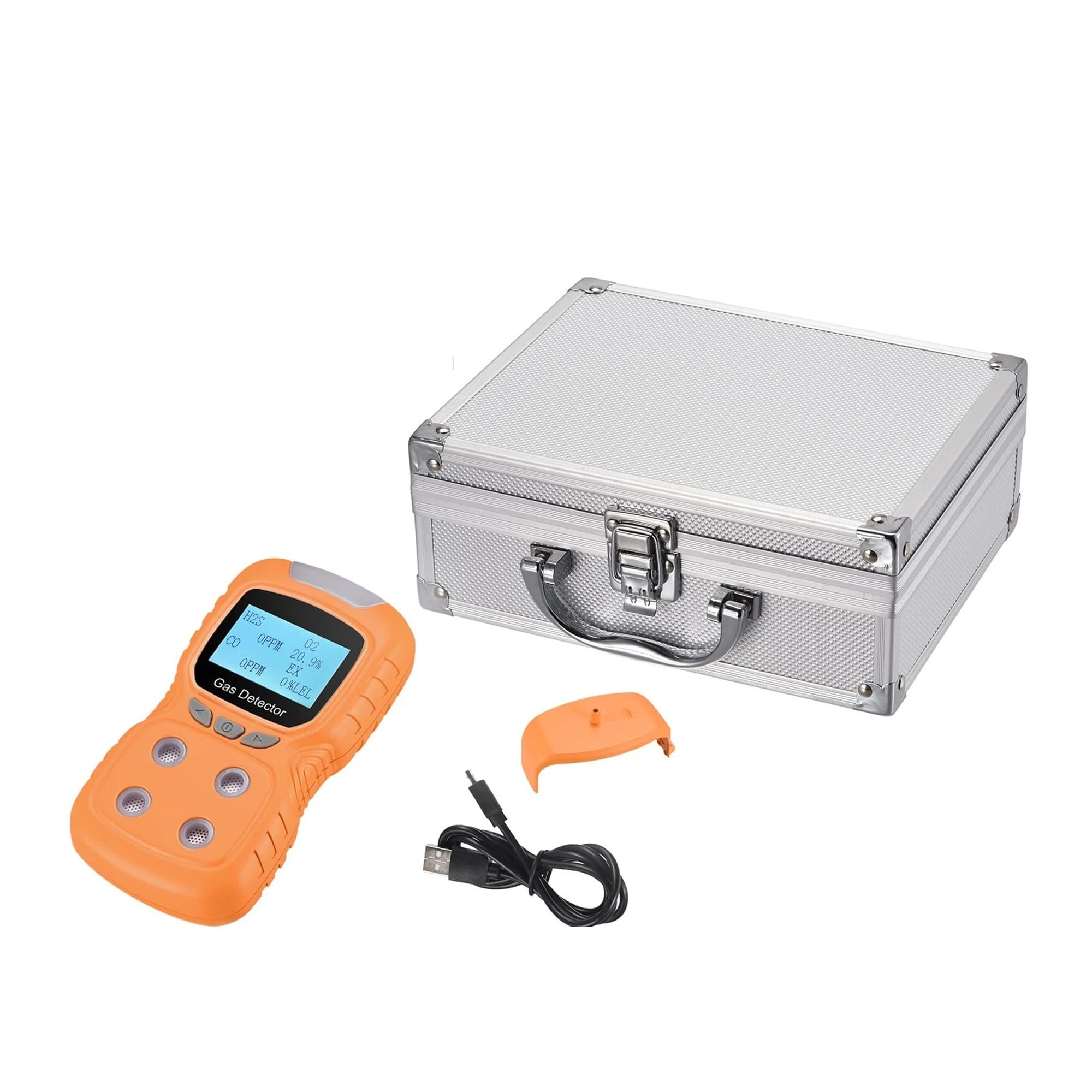 Tragbares 4-in-1-Multigaswarngerät mit wiederaufladbarem LCD-Display, Ton-, Licht- und Schockfunktion zur Luftqualitätsprüfung for Arbeit und Zuhause Hohe Empfindlichkeit für das Labor(Orange)