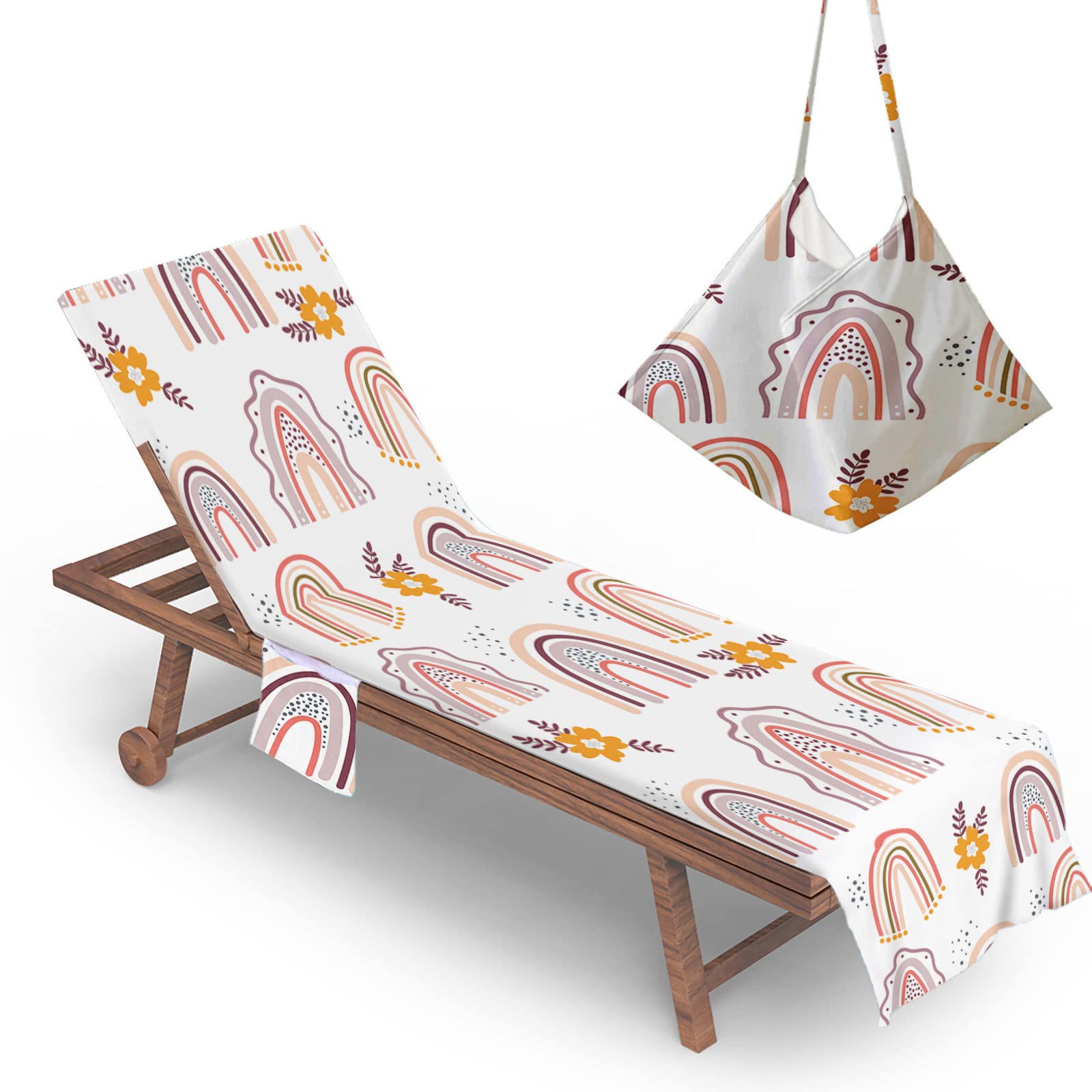 RRrawgff Beach Chair Cover Towel Cartoon Rainbow Print Beach Towel Lounger Bags with Pockets, Fitted Microfiber Sunbed Towels Summer Outdoor Sun Lounger Towels (73x210cm,Style G)