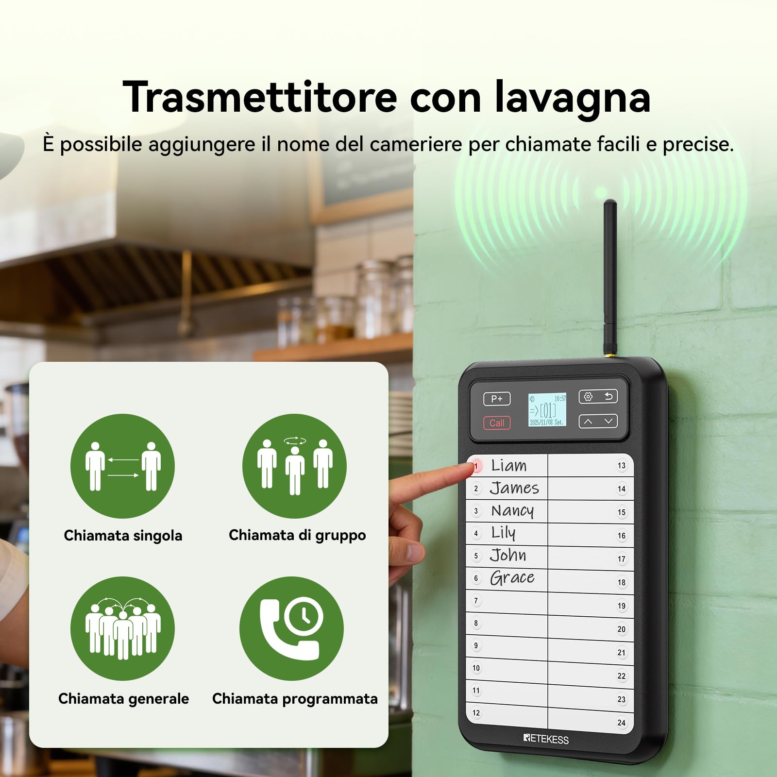 Retekess TD037 Cercapersone Ristorante, Sistema di Chiamata Camerieri con Cercapersone e Beep con Tastiera a 24 Tasti, 4 Ricevitori a Braccialetto per Ristoranti