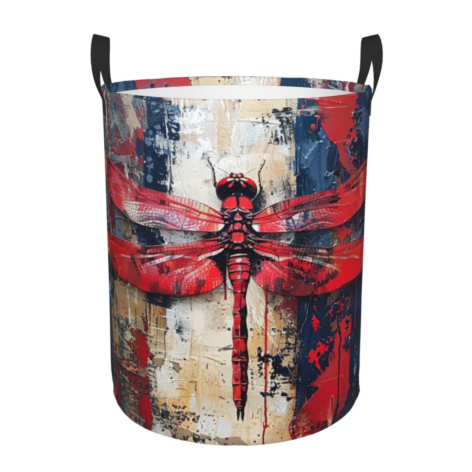 S Collapsible Laundry Hamper Round Abstract Red Dragonfly Print Storage