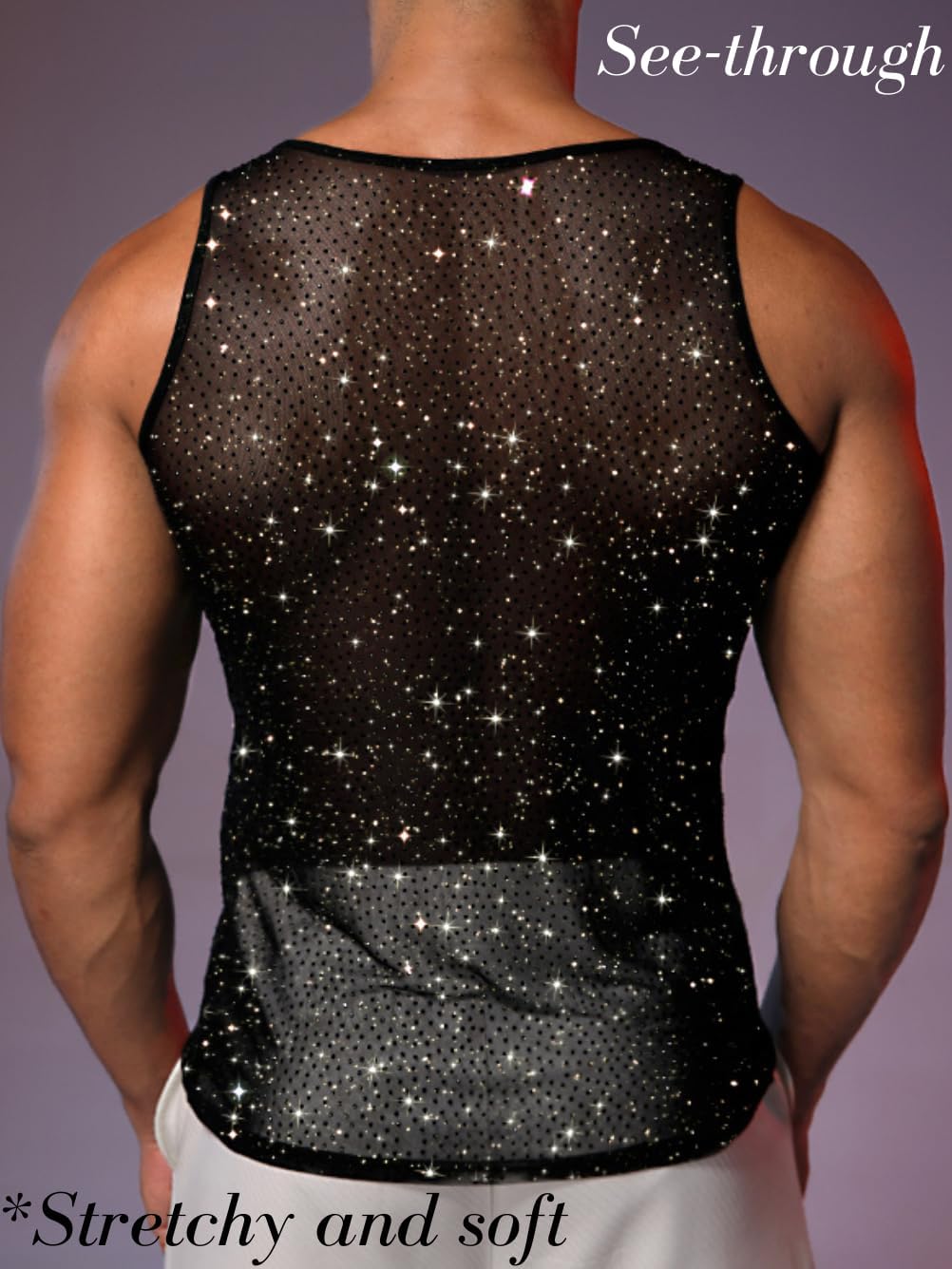 Men's Sparkly Sheer Tank Tops, Rave Festival Rhinestone Outfits, Sexy Mesh Muscle Shirts (Fit Chest 30-40") - Image 2