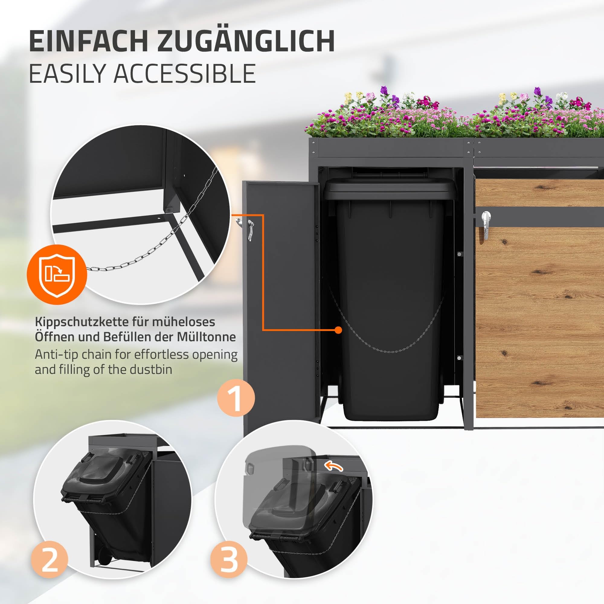 ML-Design pojemnik na odpady z daszkiem na 4 pojemniki na odpady, 240L 264x80x124 cm, debowy, stalowy, odporny na warunki atmosferyczne, zamykana pokrywa pojemnika na odpady z drzwiczkami