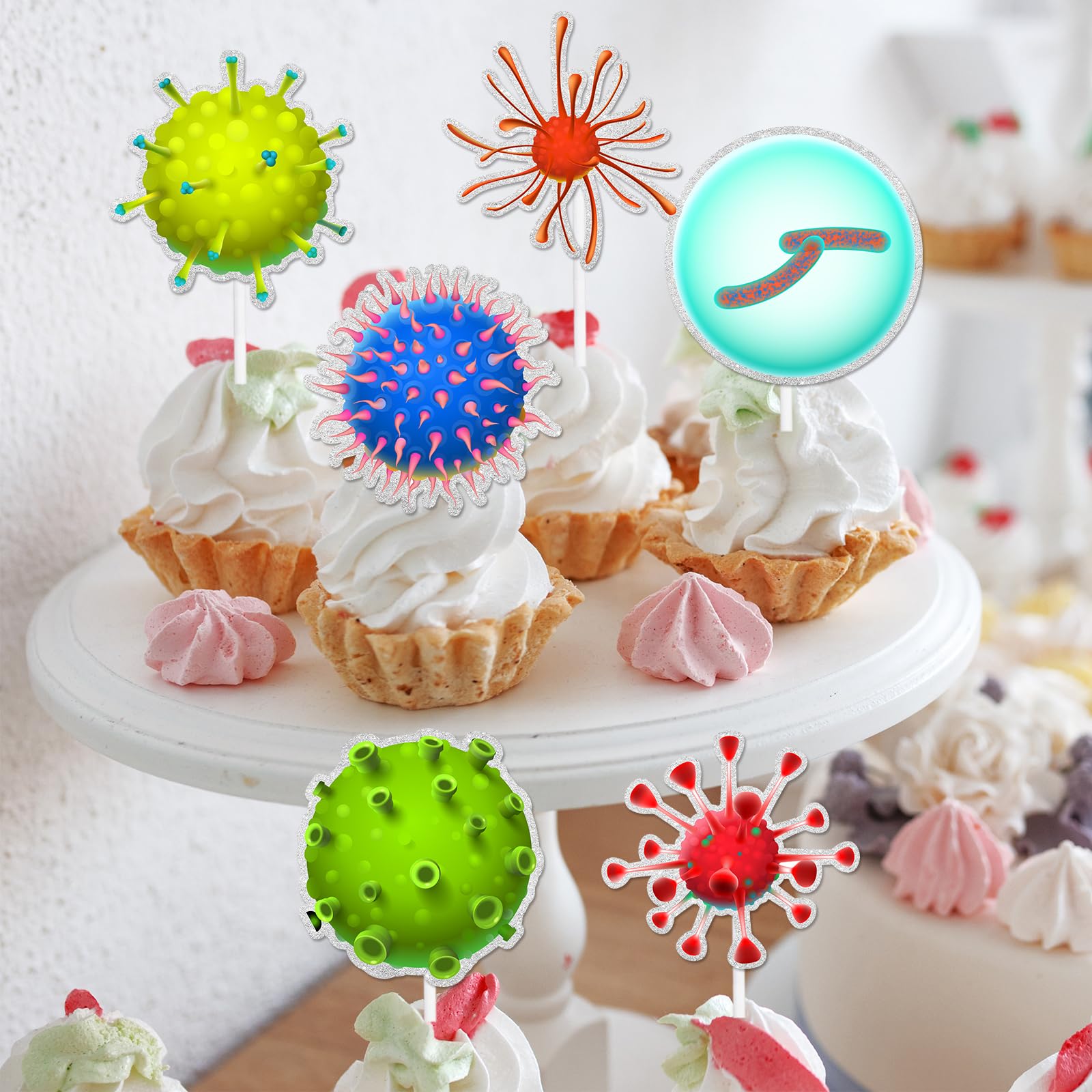 Set Of 18 Virus Germ Cupcake Toppers - Fun Birthday & Quarantine Party Decorations