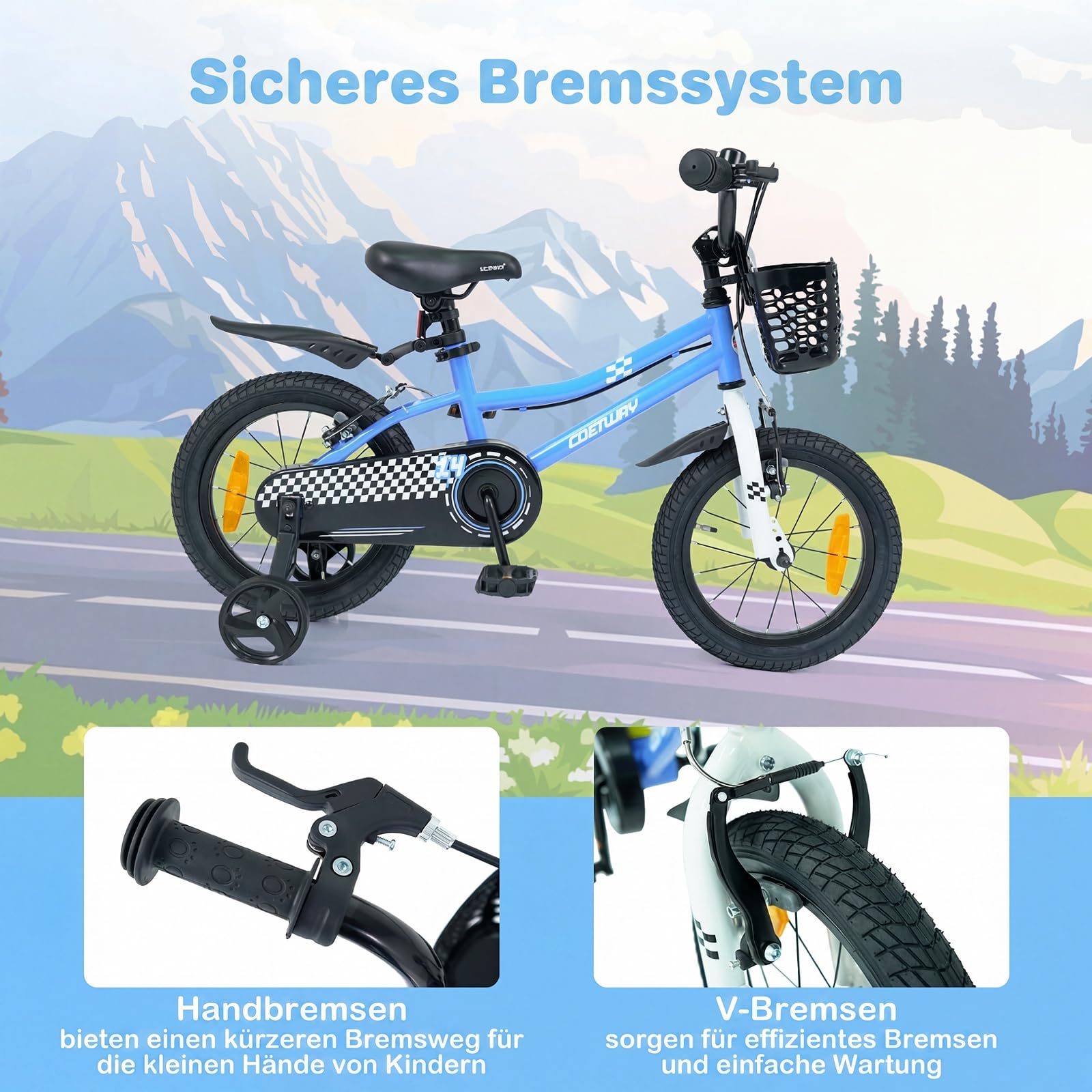 COSTWAY Kinderfahrrad mit Korb, 14/16 Zoll Fahrrad mit höhenverstellbarem Sattel & Lenker, Kinderrad mit Klingel, Schutzblech & Stützrädern für 3-7 Jahren Jungen & Mädchen