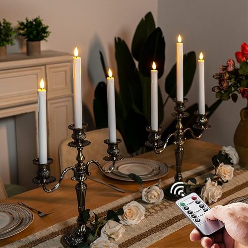 Miniatura 4 de Homemory 3 velas cónicas sin llama con temporizador remoto, velas blancas parpadeantes de 9.6 pulgadas, funciona con pilas, velas LED de plástico
