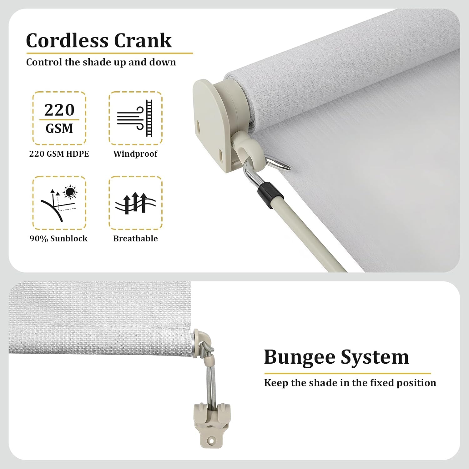  Outdoor Roller Shades with Splicing Design, 8' W x 8' H Cordless Patio Roll Up Blinds, Exterior Shade Cloth Roll for Porch, Gazebo, Pergola, Balcony, White thumbnail