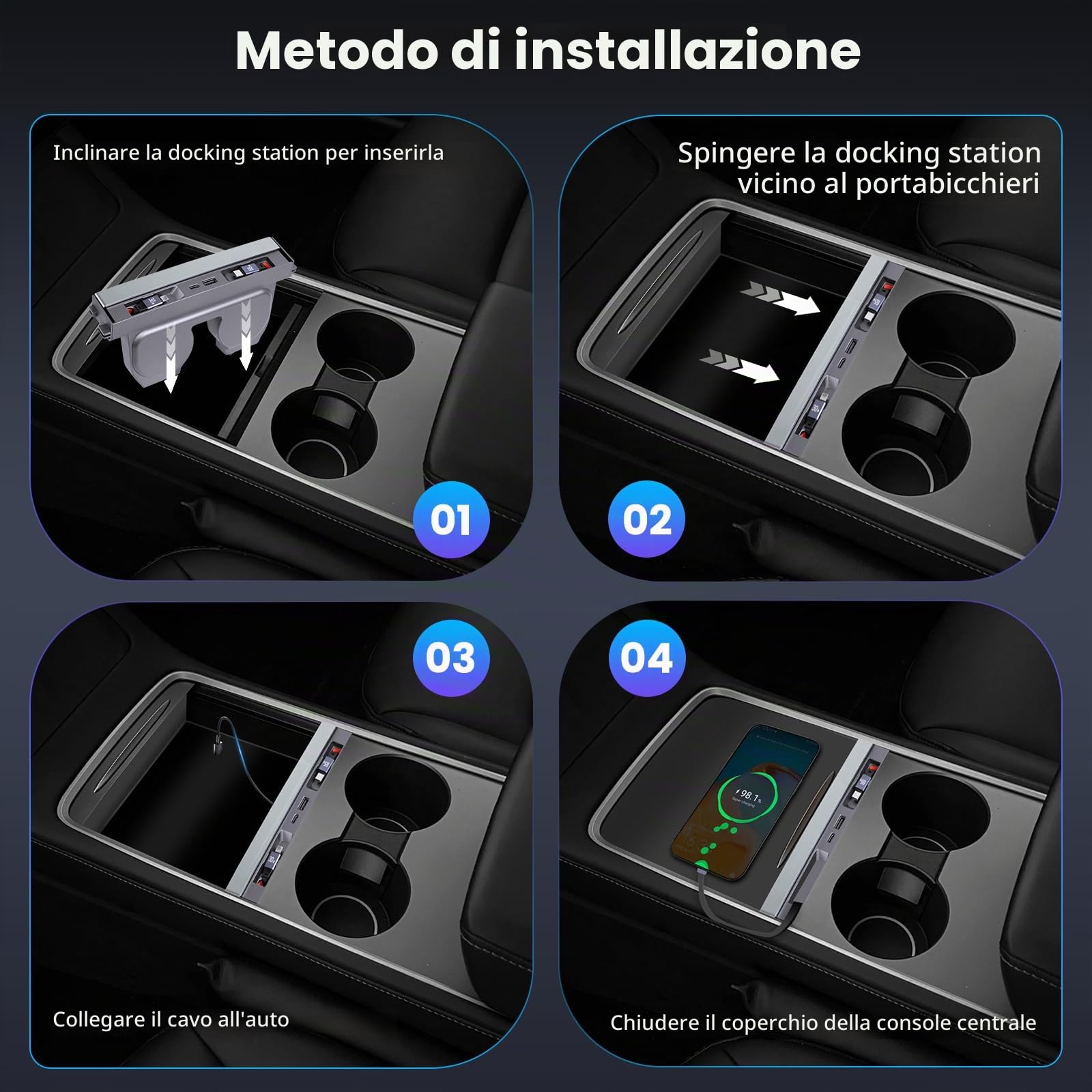 Hub di ricarica USB compatibile con Tesla Model 3 Highland 2024-2025/Model Y Juniper 2025+, 65W Caricabatterie per telefono retrattile a 4 porte Cavi di ricarica rapida per console centrale