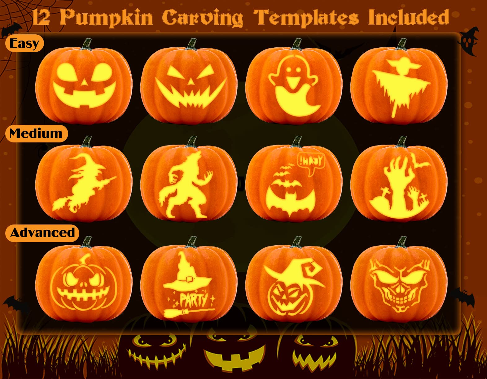 Kit per intagliare la zucca 28 pezzi acciaio inox stencil Halloween