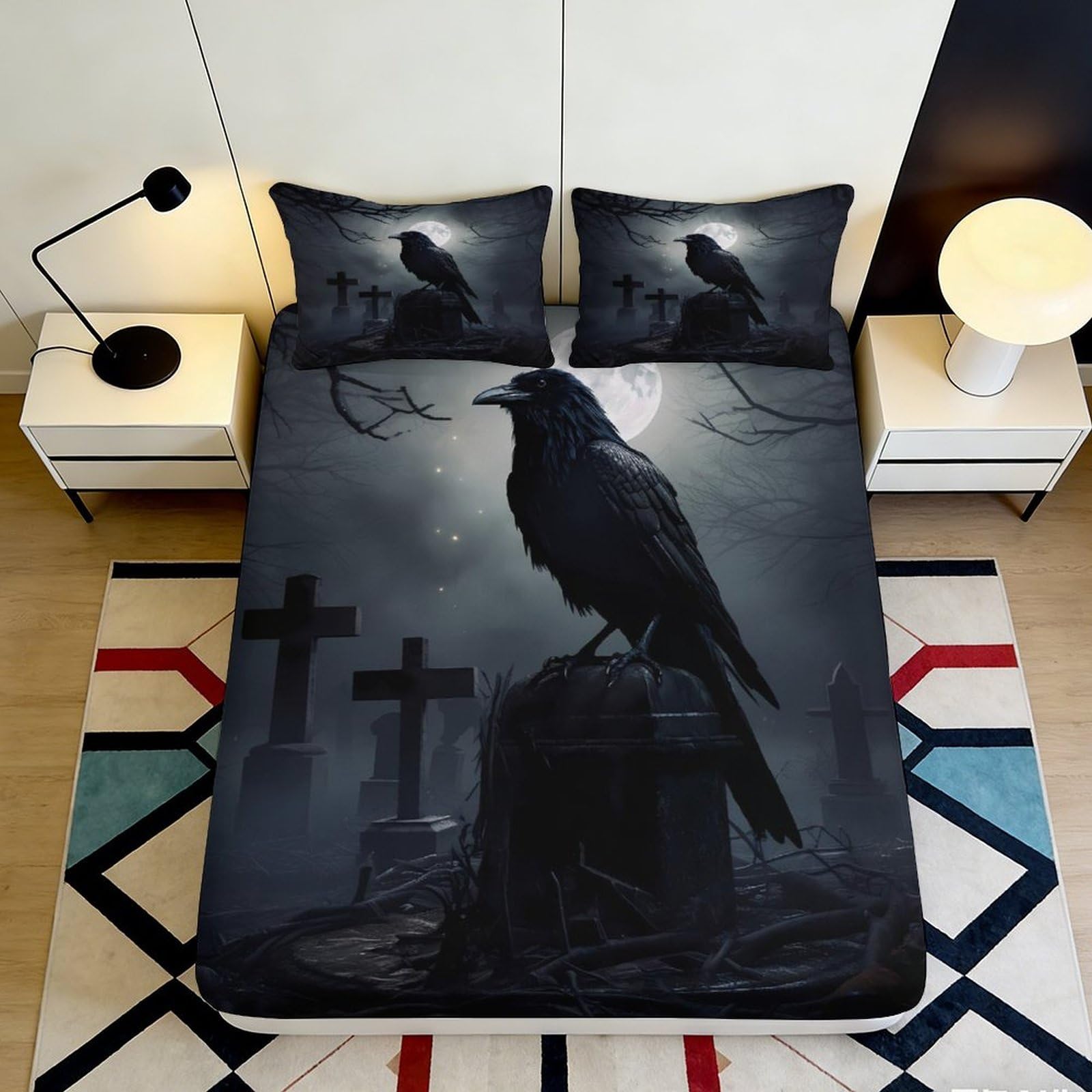 Pnayamiorkfel Style-3 3D Printed Dark Cemetery Raven Fitted Sheet Microfiber Soft Breathable Gothic Moon Mattress Cover Bedroom Decor 90X200x25cm