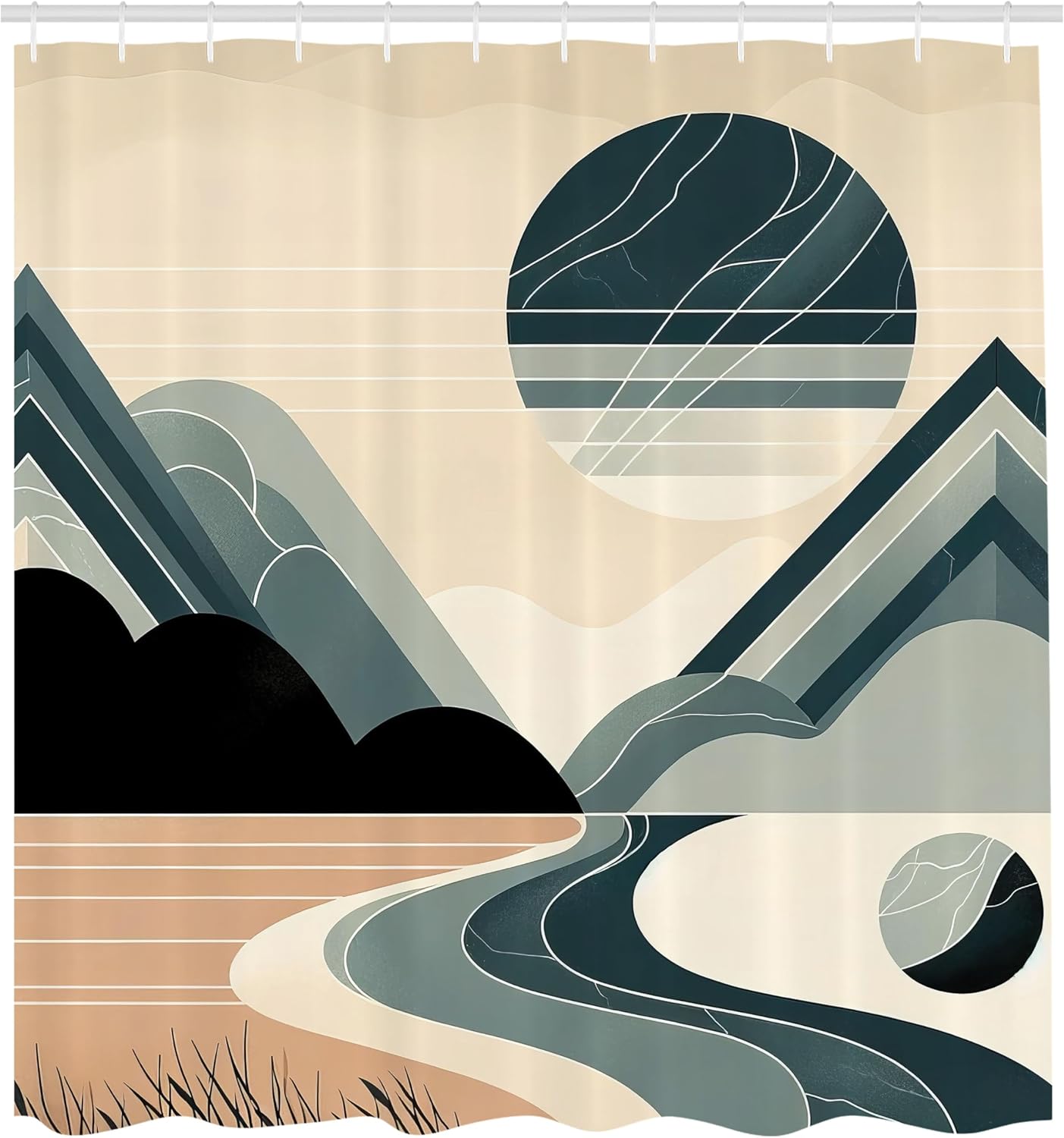 Ambesonne Mid Century Modern Boho Shower Curtain, Minimalist Landscape with Triangular Mountains Sea Shore, Cloth Fabric Bathroom Decor Set with Hooks, 69" W x 84" L, Dark Teal Ecru Ivory