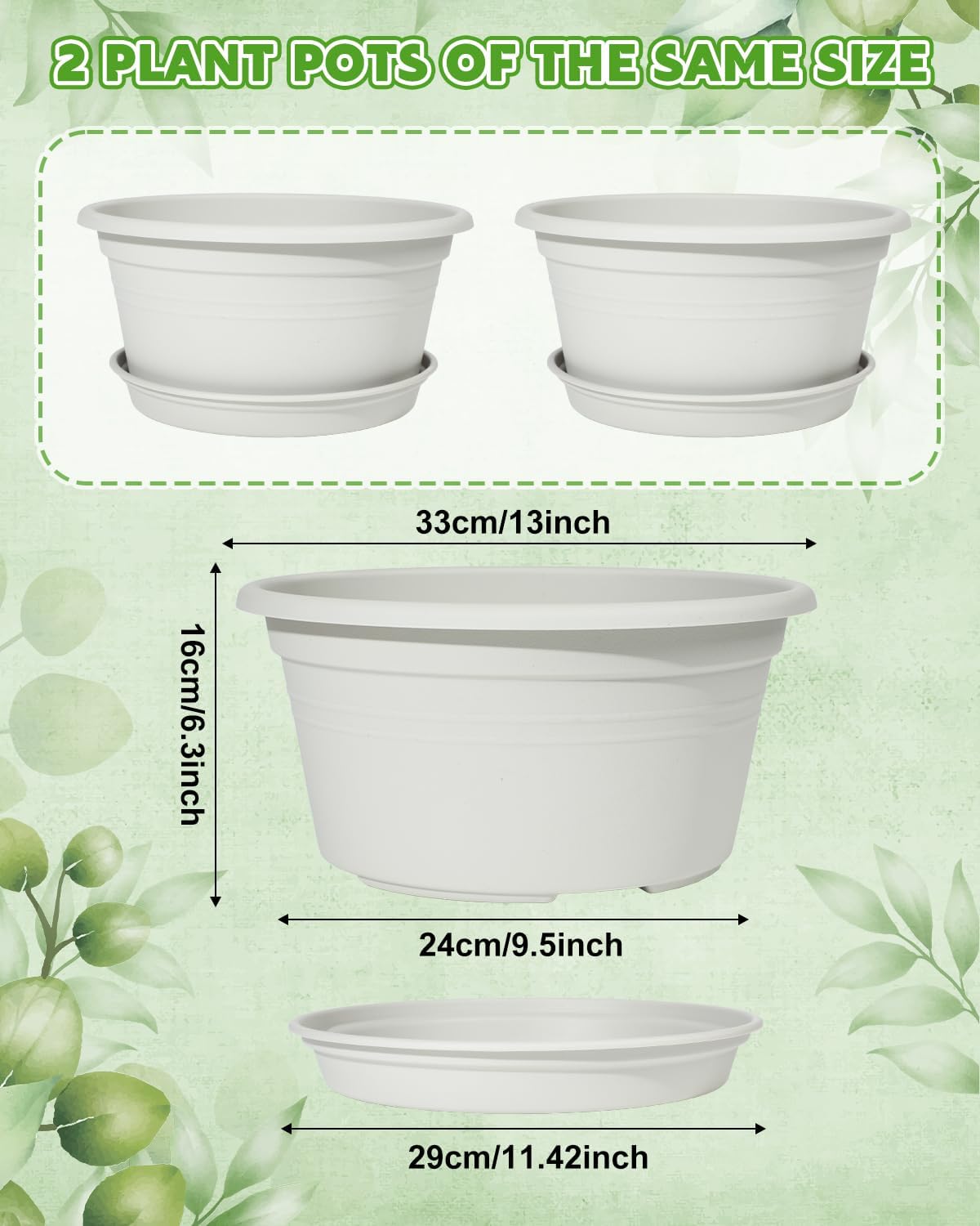 13 Inch Large Flower Pots 2-Pack, Beige Plastic Planters with Drainage Hole & Tray, Indoor Outdoor Modern Plant Pots for House Plants, Garden, Patio, Office Home Decor