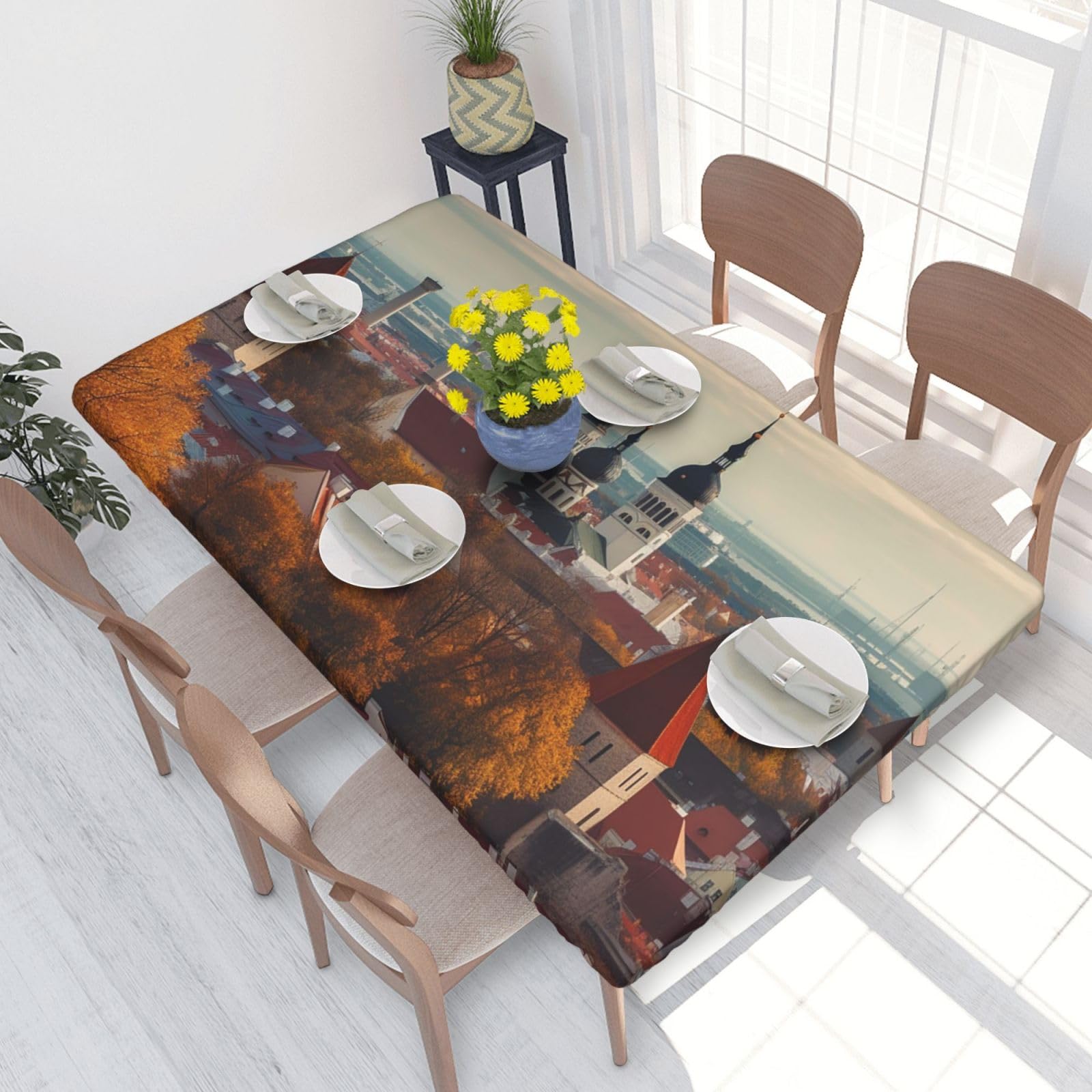 Tallinn Estonia Cityscape Waterproof Square Table Cover Elastic Fitted Tablecloth Oil Proof Table Protector For 4ft Table