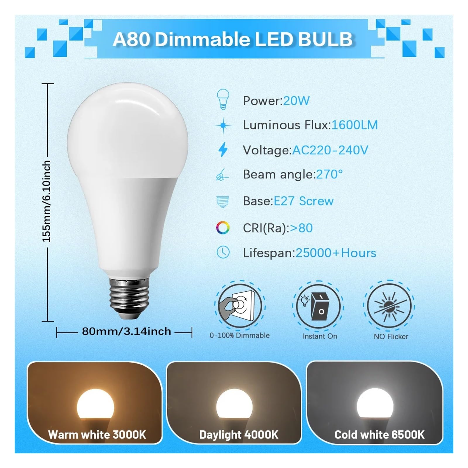 eufeifeiegds 10 lampadine LED dimmerabili E27 E14 GU10 220 V, W, 15, 20, equivalenti a 60, 3000 K, 4000, 6000, con attacco a baionetta(NaturalLight4000K,A80 20W_YES_AC220-240V)
