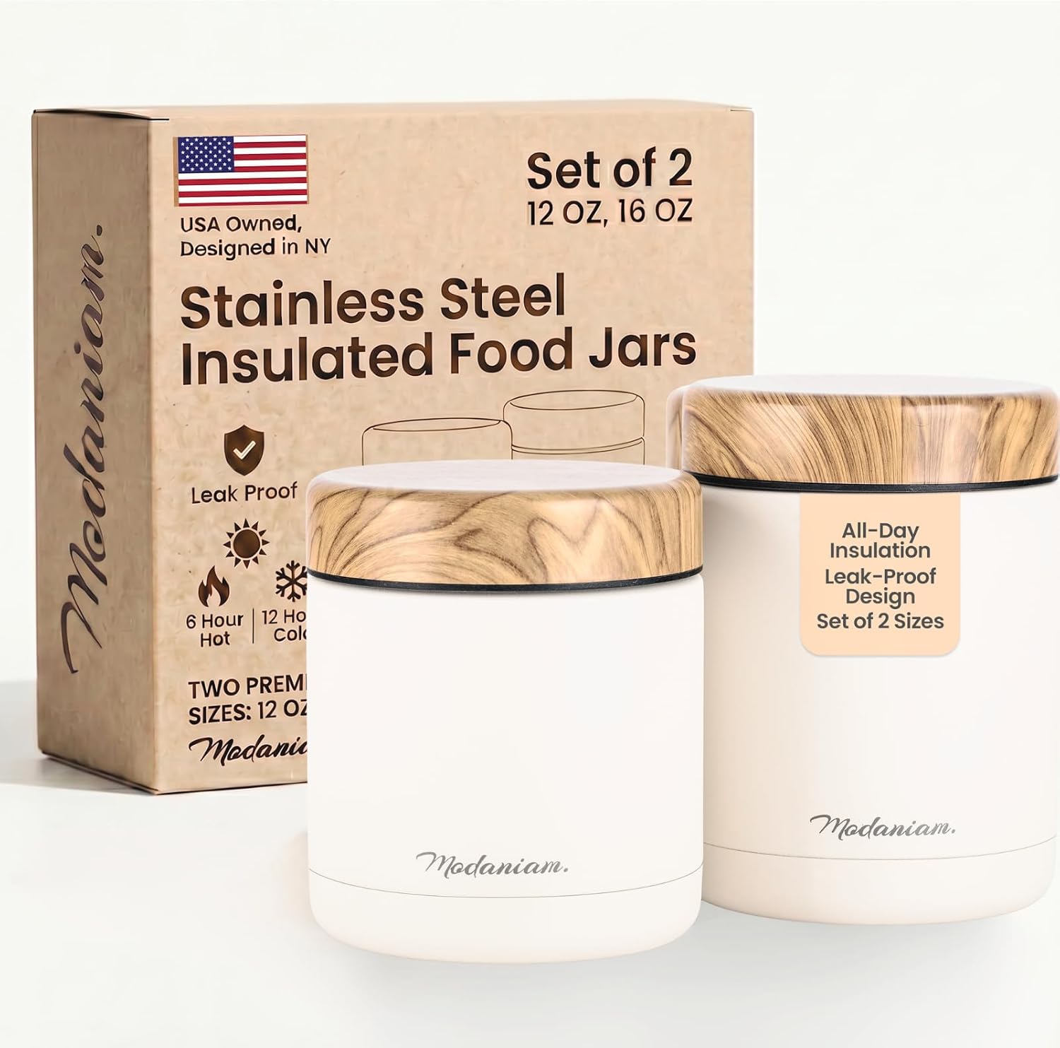 Stainless Steel Insulated FoodJar Set of 2 (16oz + 12oz) | Wide Mouth | Soup Thermo for Hot Food Lunch Container | Thermal LunchBox | Insulated Soup Bowl | Hot and Cold Lunch Box for Adults | Vanilla
