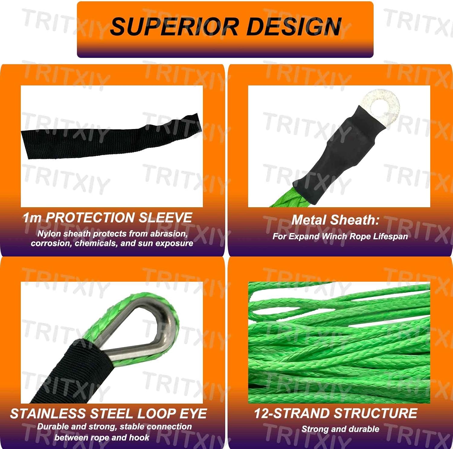Synthetic Winch Rope 5/16 Inch x 50 ft 8300LBs with Black Protecing Sleeve and Thimble for ATV UTV SUV Winches Line Cable Rope(Green)