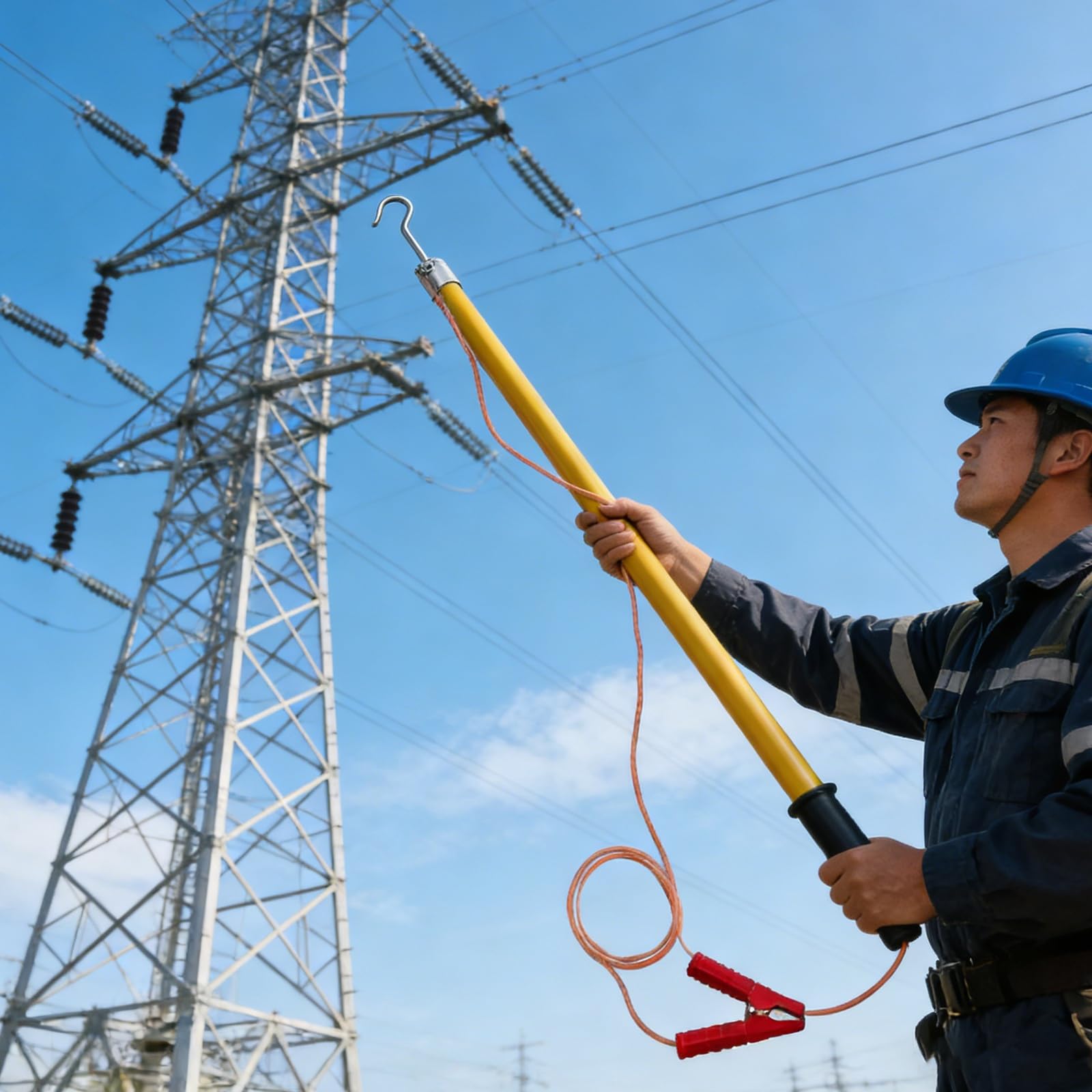 GTHTUHFD Green-Yellow Epoxy Resin Electric Pole, High Voltage Insulation Discharge Rods With Hook And Copper Wire, Direct Version,Green-10kV-39.4