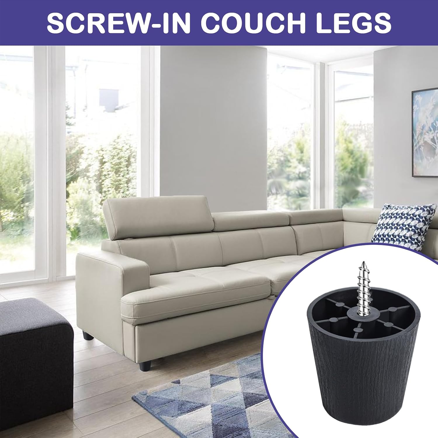 12 Pack 2 inch Black Plastic Furniture Legs, Round Tapered Couch Legs Screw-in Sofa Legs Replacement Legs with M5 Screws for Furniture Couch Table Sofa Cabinet Dresser