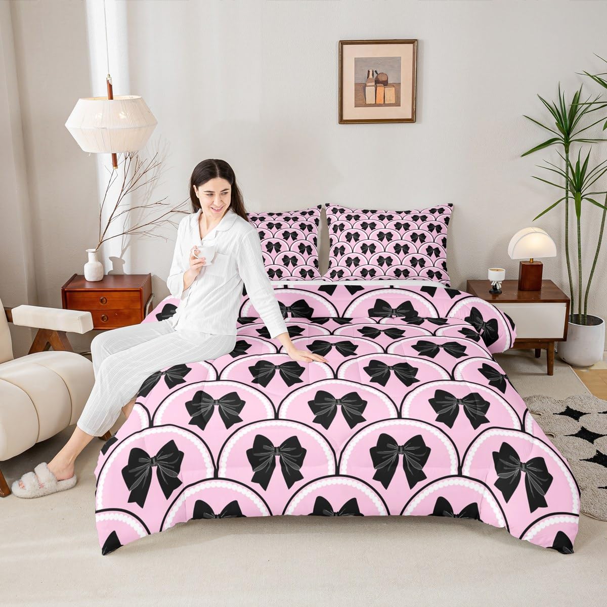 Juego de ropa de cama con lazo de acuarela para niñas y niños, tamaño individual, lindo lazo, edredón de coqueta, edredón rosa y negro, 2 piezas, ropa de cama transpirable, suave y ligera de