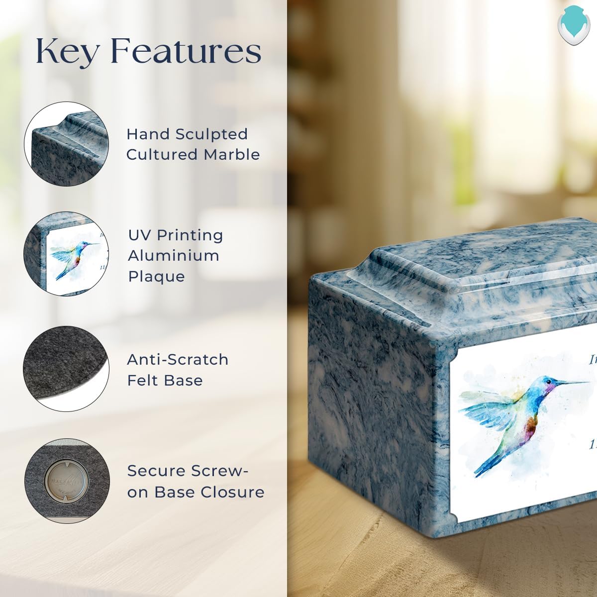 GetUrns Cultured Marble Urn Vault by Mackenzie with Personalized Hummingbird and Text for Human Ashes I Sky Blue Adult Urns for Male and Female I 210lbs