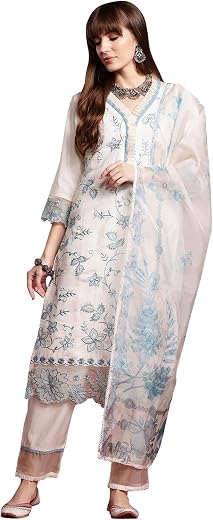 INDO ERA Women's Silk Blend Kurta and Pant with Dupatta Set
