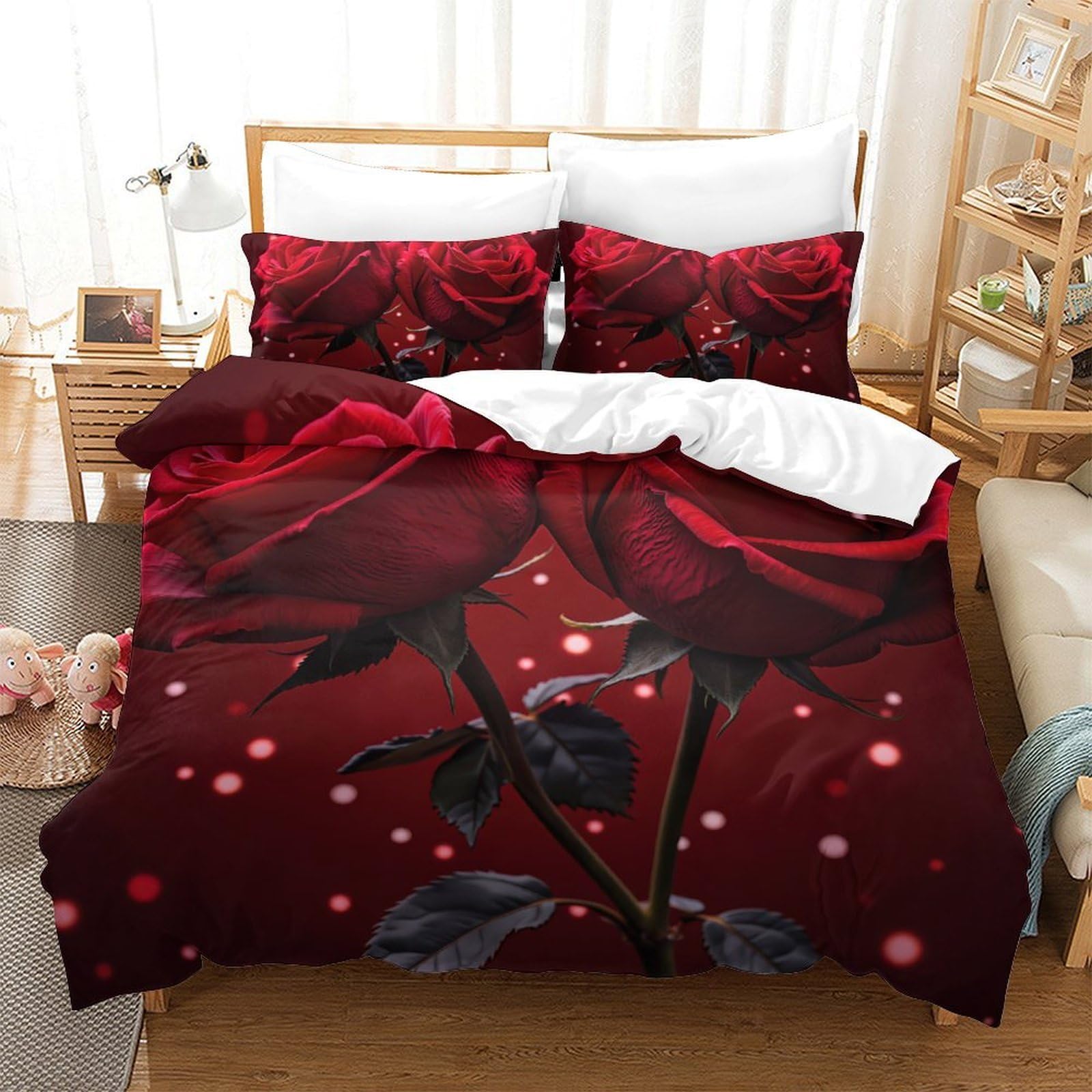 Housse de couette deux roses rouges 135x200, le cadeau idéal pour fille