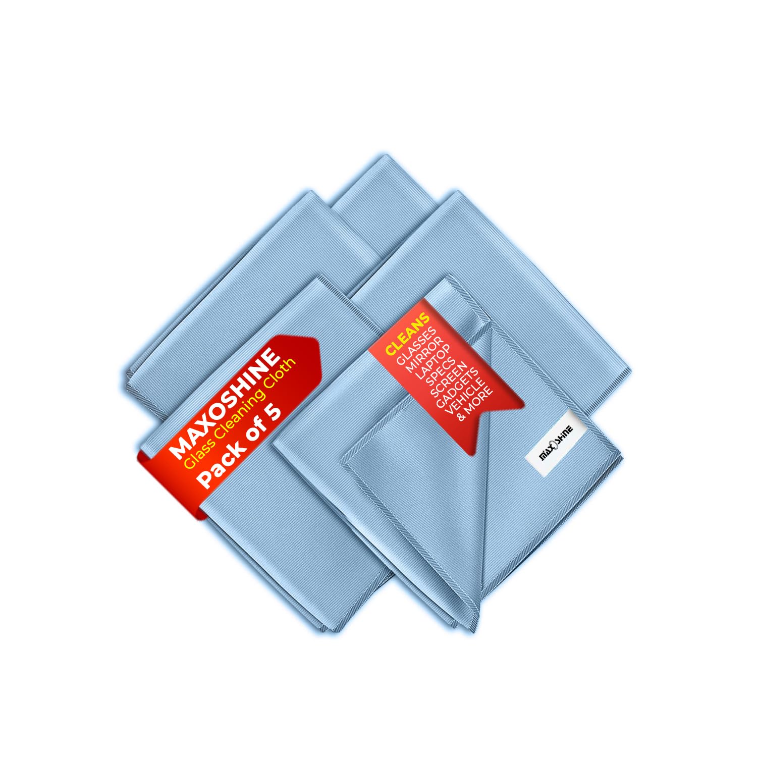 MAXOSHINE Microfiber Glass Cleaning Cloth for Glassware Windows Mirrors-Magic Cleaning Cloths Anti Scratch Dusting Cloth for Kitchen Car Specs Laptop Tv Screen Cleaning (Blue,Pack of 5)