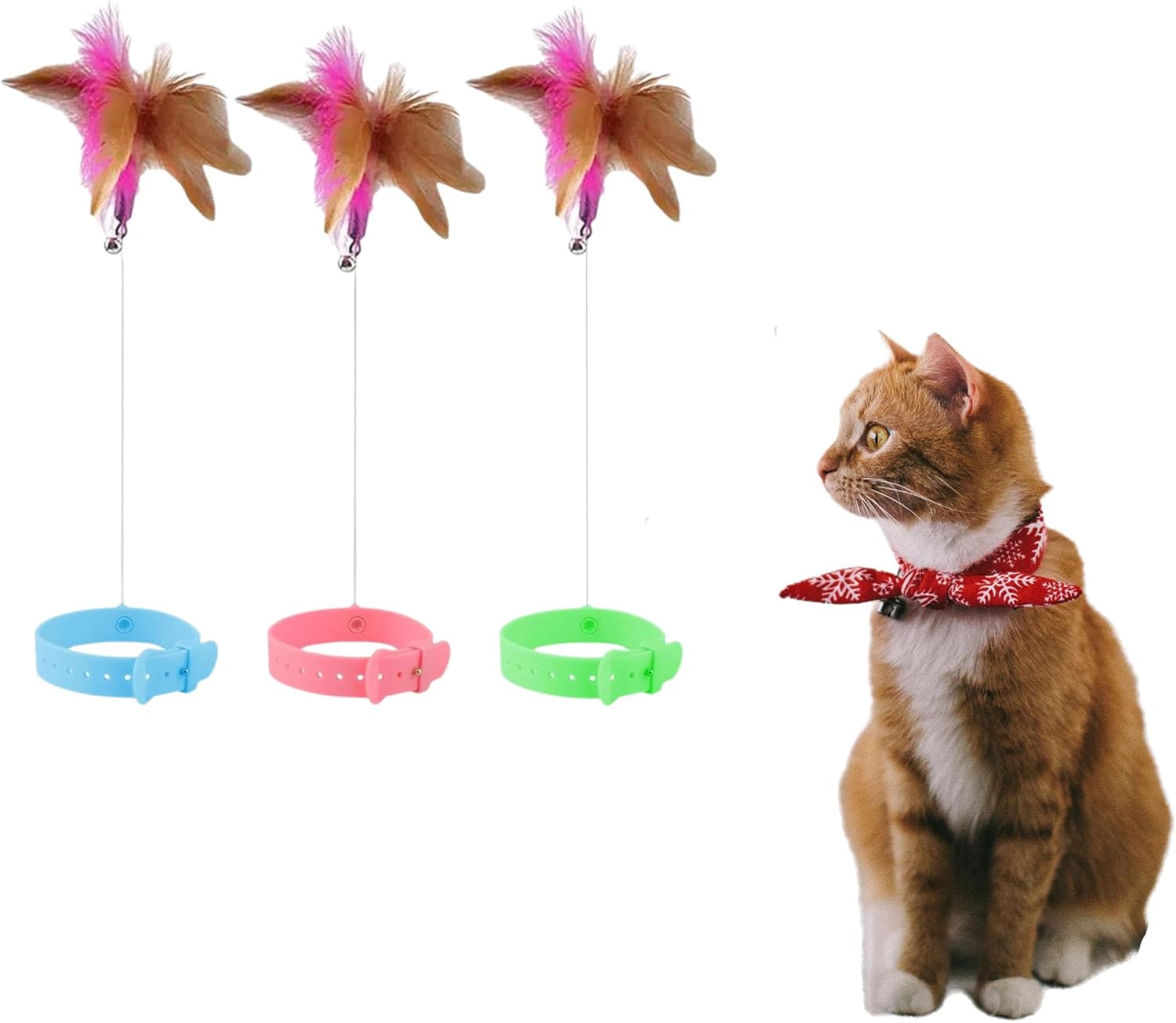 PWireless 3PCS Funny Cat Collar Teasing Wand, Cat Collar Toy with Colorful Feathers and Bell for Interactive or Self Playing Adjustable Silicone Collar for Indoor Kittens (Pink/Blue/Green)