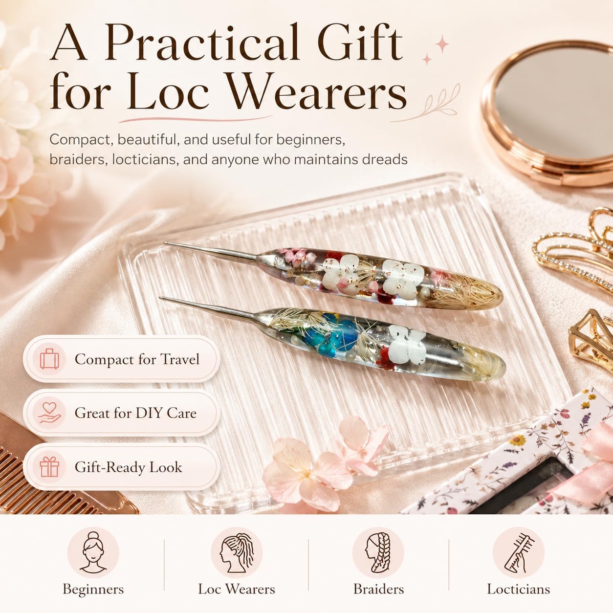 Reessy 2PCS Dreadlock Crochet Hooks for Hair, 0.5mm and 0.75mm Loc Crochet Needle Set with Floral Resin Handles for Dreads, Braid Craft, DIY Loc Maintenance, Retwist and Extensions