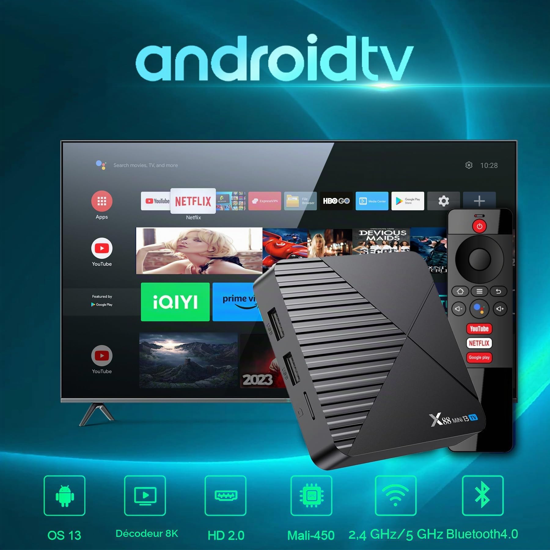 Android TV Box 13.0, 2025 Android Box avec RAM 4G ROM 32G 3D HD 8K WiFi6 Enternet10/100M BT5.0 USB3.0 HDR10 Cast Screen Smart TV Box