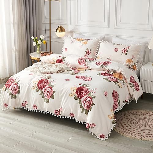 Miniatura 2 de Jolusere Juego de funda de edredón botánico floral rojo, tamaño Queen, funda de edredón con pompones blancos, funda de edredón estética, bohemio,