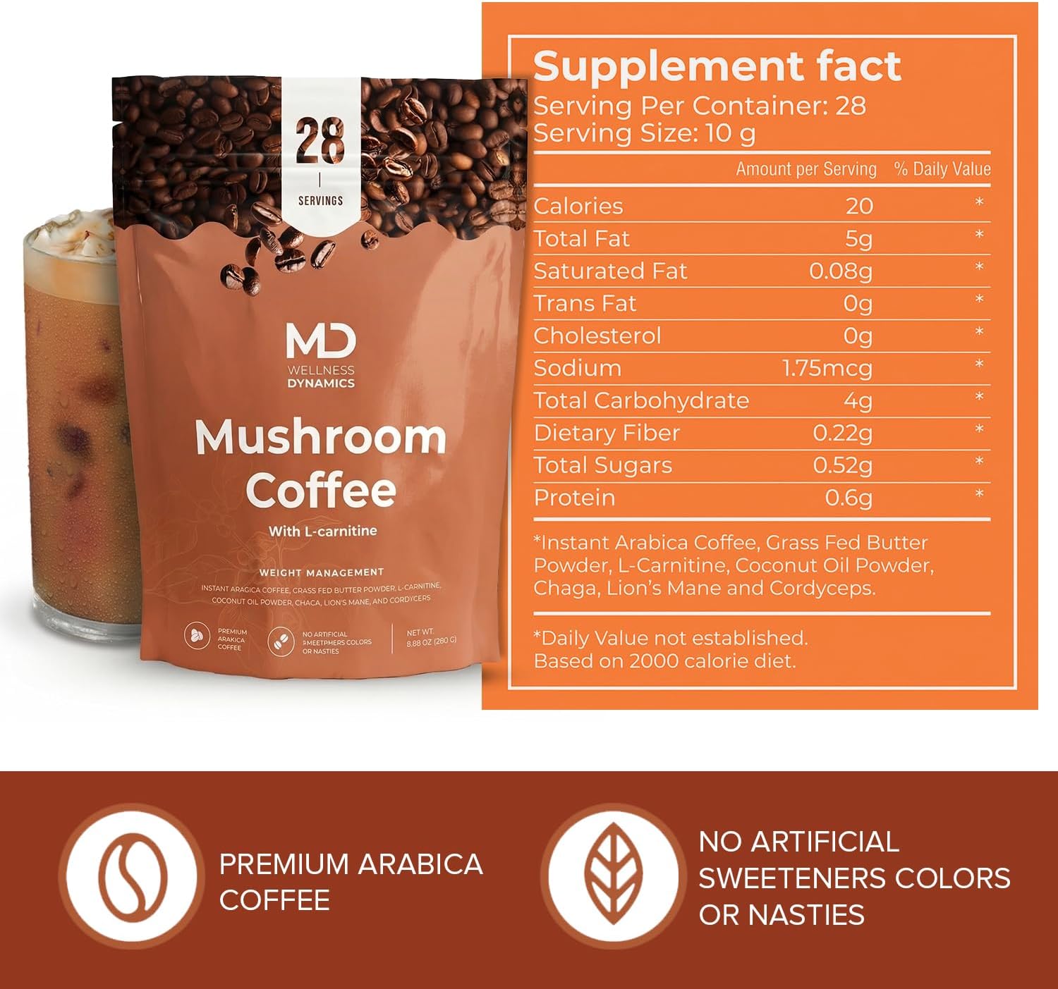Mushroom Coffee with L Carnitine, Coconut Oil, & Grass Feed Butter – Lion’s Mane Reishi Chaga Cordyceps Smooth Energy Metabolism Focus Coffee – 28 Servings